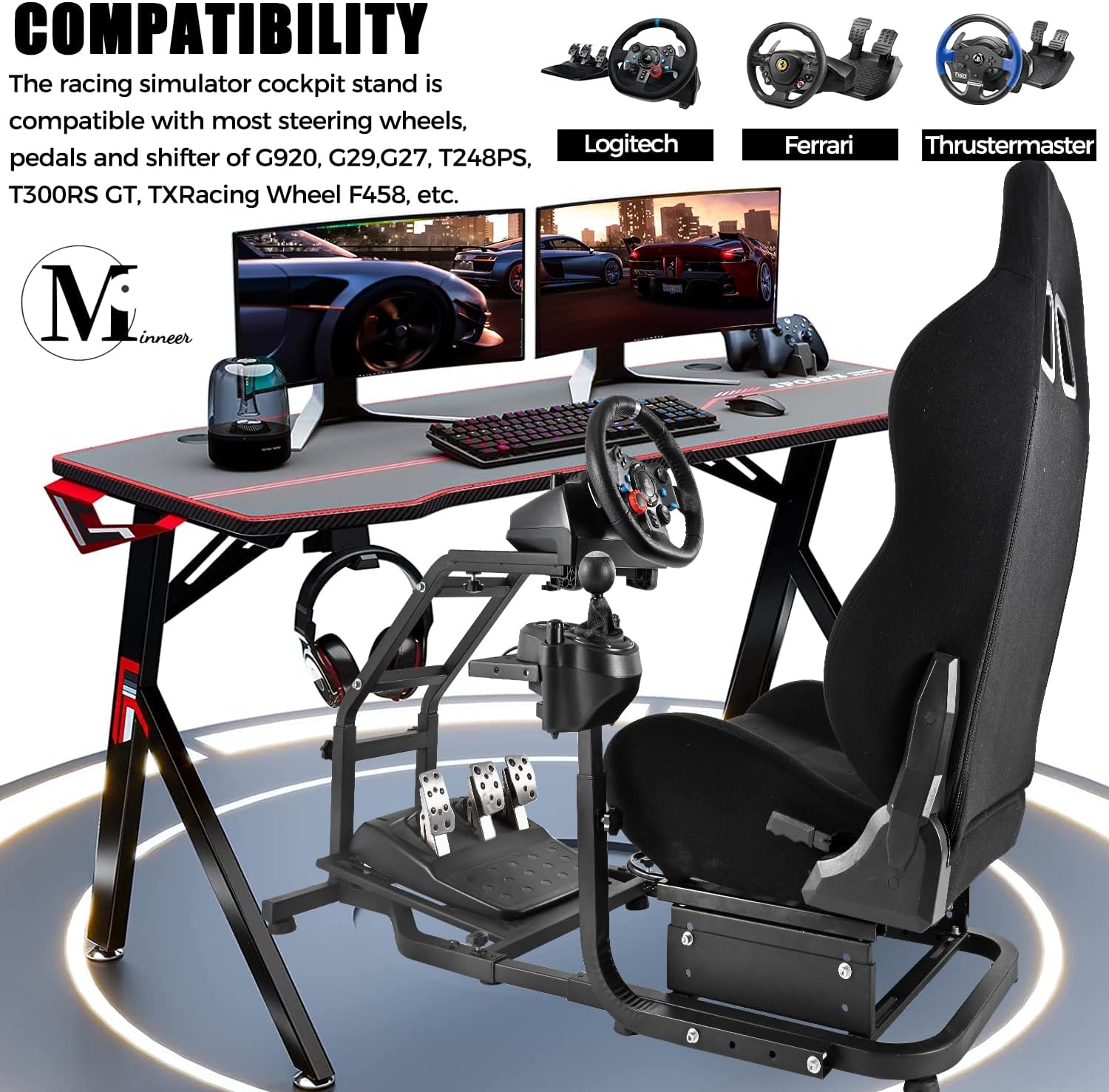 Minneer Racing Simulator Cockpit with Gaming Seat(Black) Stand-Up Fit for Logitech Fanatec Thrustmaster G29, G27, G25, G923 Adjustable Gaming Steering Wheel Stand Without Wheel and Pedals