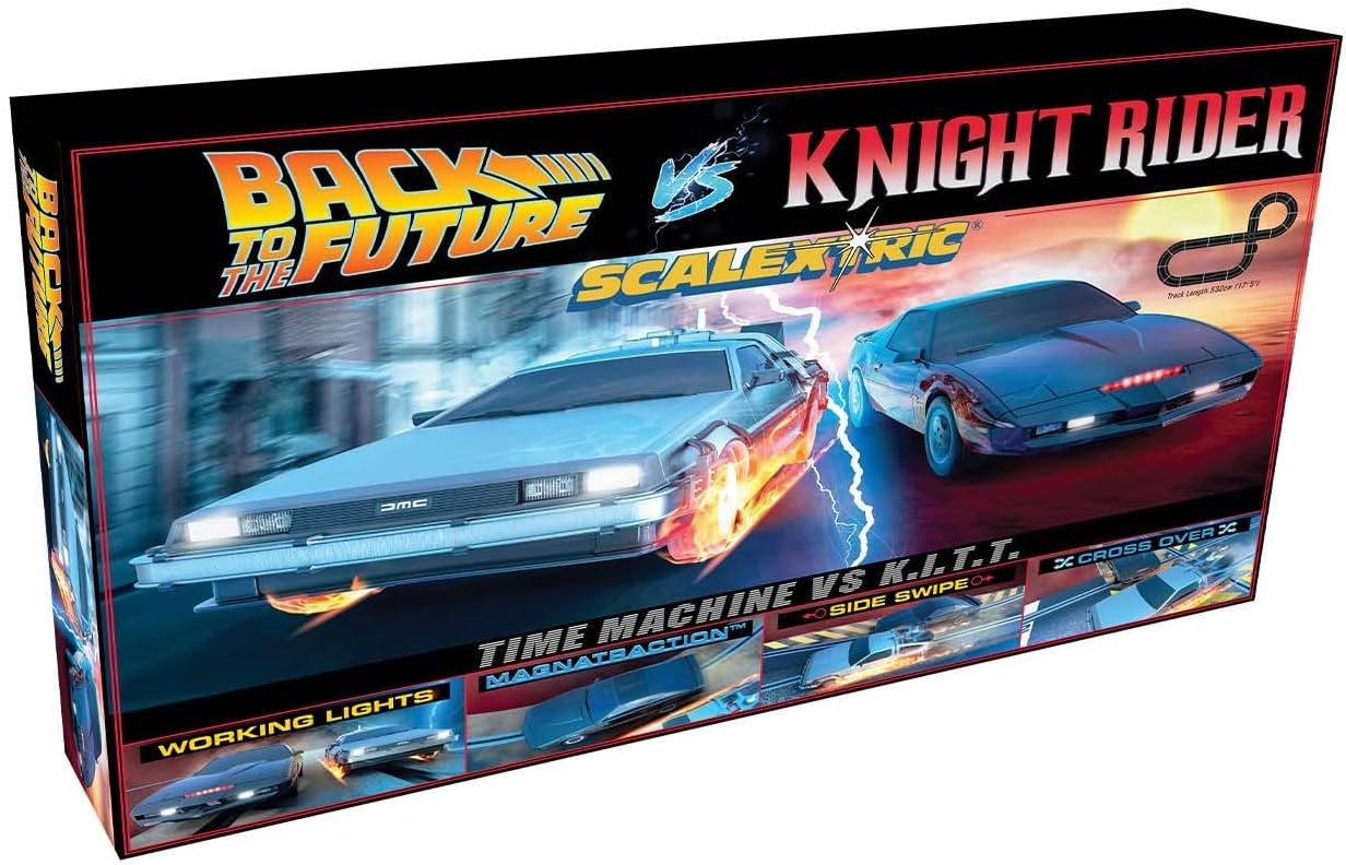 Scalextric Racing Track Sets for Kids - 1980s TV Back to the Future vs Knight Rider Speed Track - Electric Race Tracks for Boys & Girls 5+, Slot Car Race Tracks - 1:32 Scale Mini Car Racing Sets