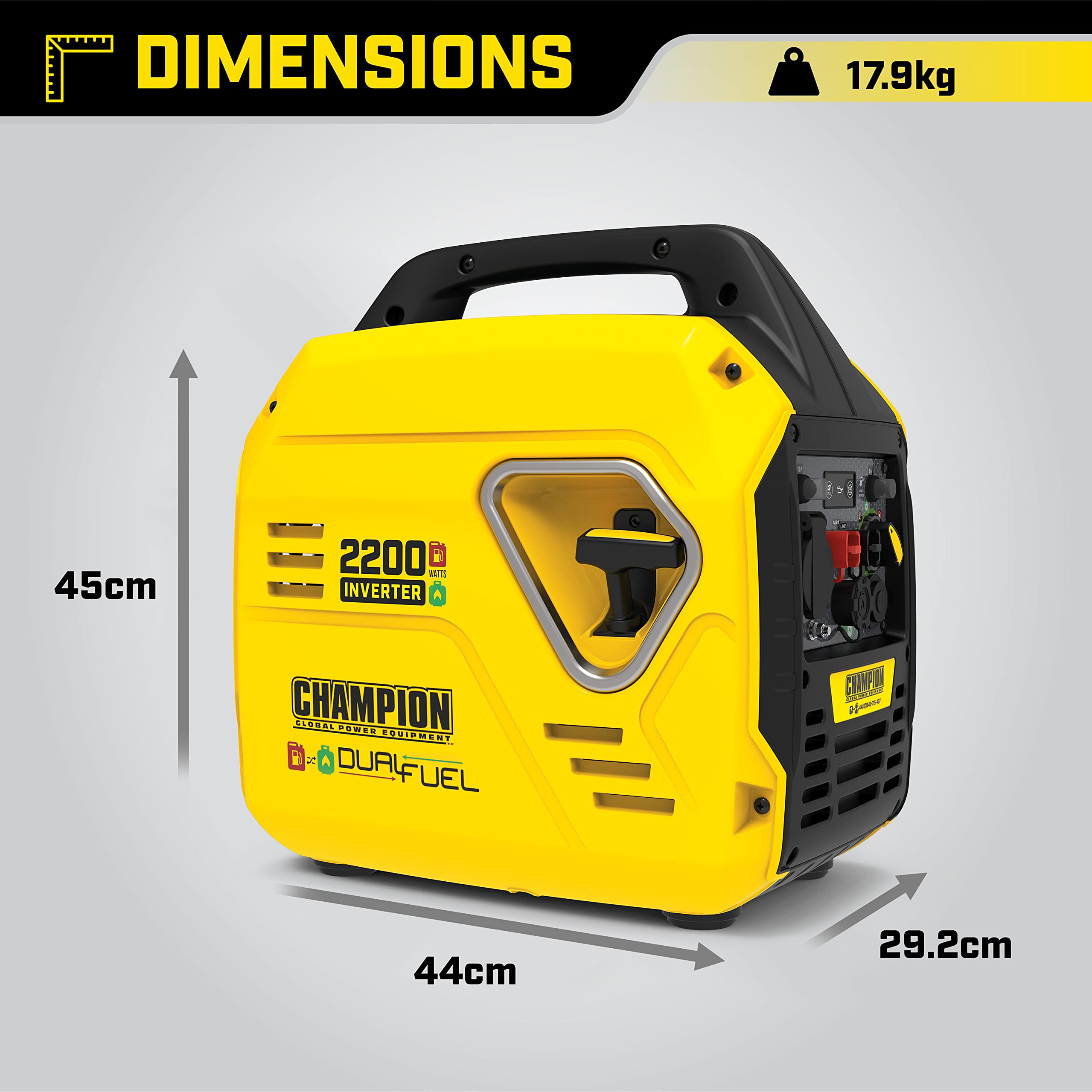 Champion Power Equipment 92001i 2200 Watt LPG Dual Fuel Portable Inverter Generator - 80cc Engine, 4.1L, Petrol or Propane - Lightweight, True Sine Wave, EZ Start, Fuel Fill Assist LED, Ultra Quiet