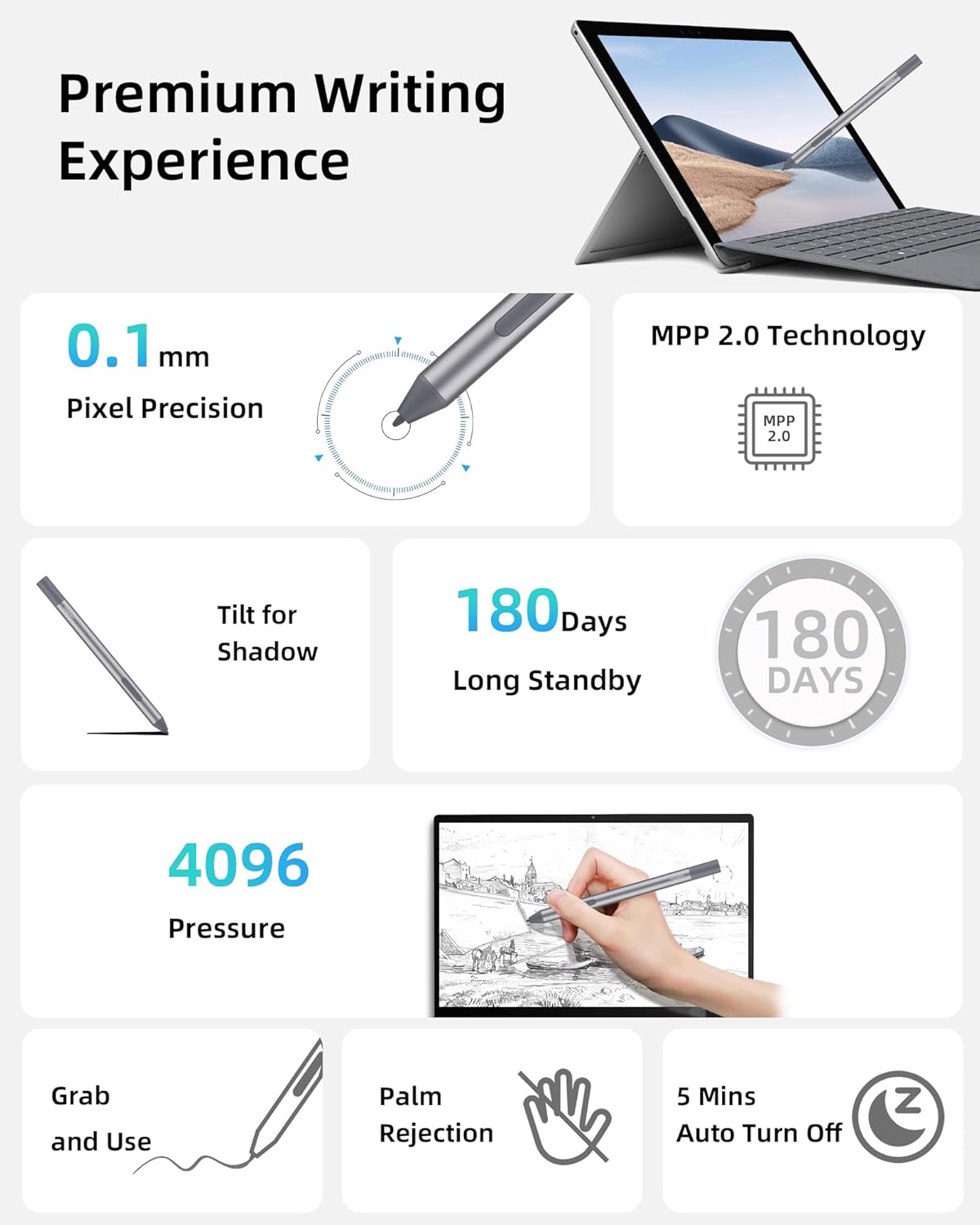 Metapen Stylus Pen M2 Biz for Microsoft Surface(4096 Pressure Level, 180 Days AAAA Battery Life), 2-in-1 Button Surface Pen for Surface Pro X/9/8/7/6/5/4/3/Go 3/Studio 2/Book 3/Duo, ASUS VivoBook Flip
