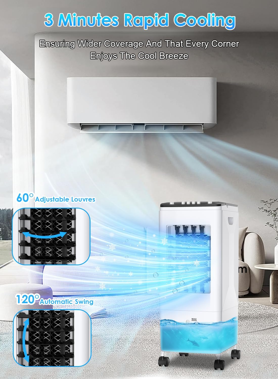 Portable Air Conditioner, 【2025 Newest 3-in-1 Evaporative Air Cooler】 with 3 Speeds, 26ft Cooling Range, 60° Auto Swing, 6L Water Tank & 3 Ice Packs, 35dB Quiet, 60W, for Home, Office, Bedroom