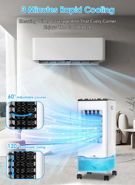 Portable Air Conditioner, 【2025 Newest 3-in-1 Evaporative Air Cooler】 with 3 Speeds, 26ft Cooling Range, 60° Auto Swing, 6L Water Tank & 3 Ice Packs, 35dB Quiet, 60W, for Home, Office, Bedroom