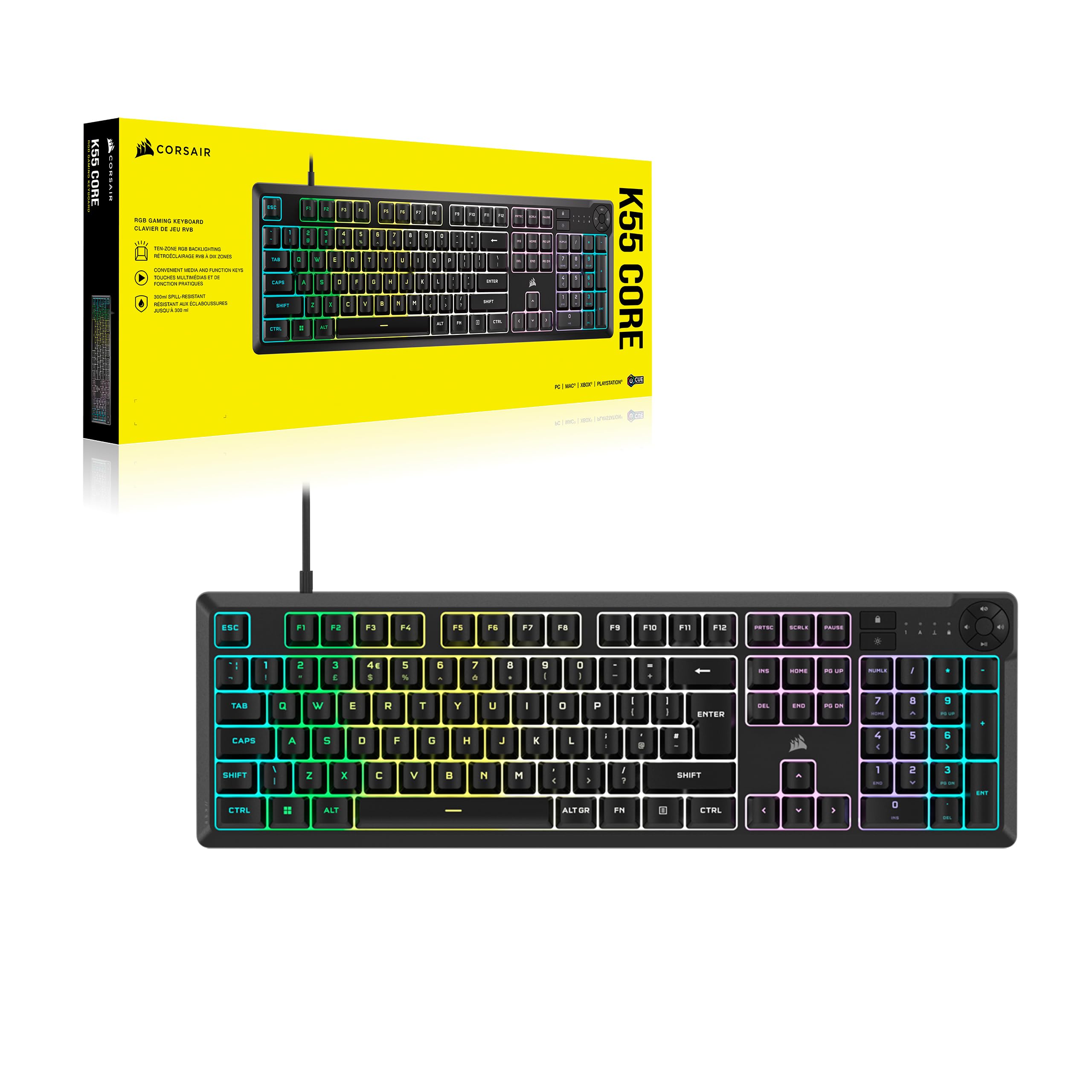 CORSAIR K55 RGB PRO Membrane Wired Gaming Keyboard – IP42 Dust and Spill-Resistant – 6 Macro Keys with Elgato Integration – iCUE Compatible – QWERTY UK – PC, Mac, Xbox – Black