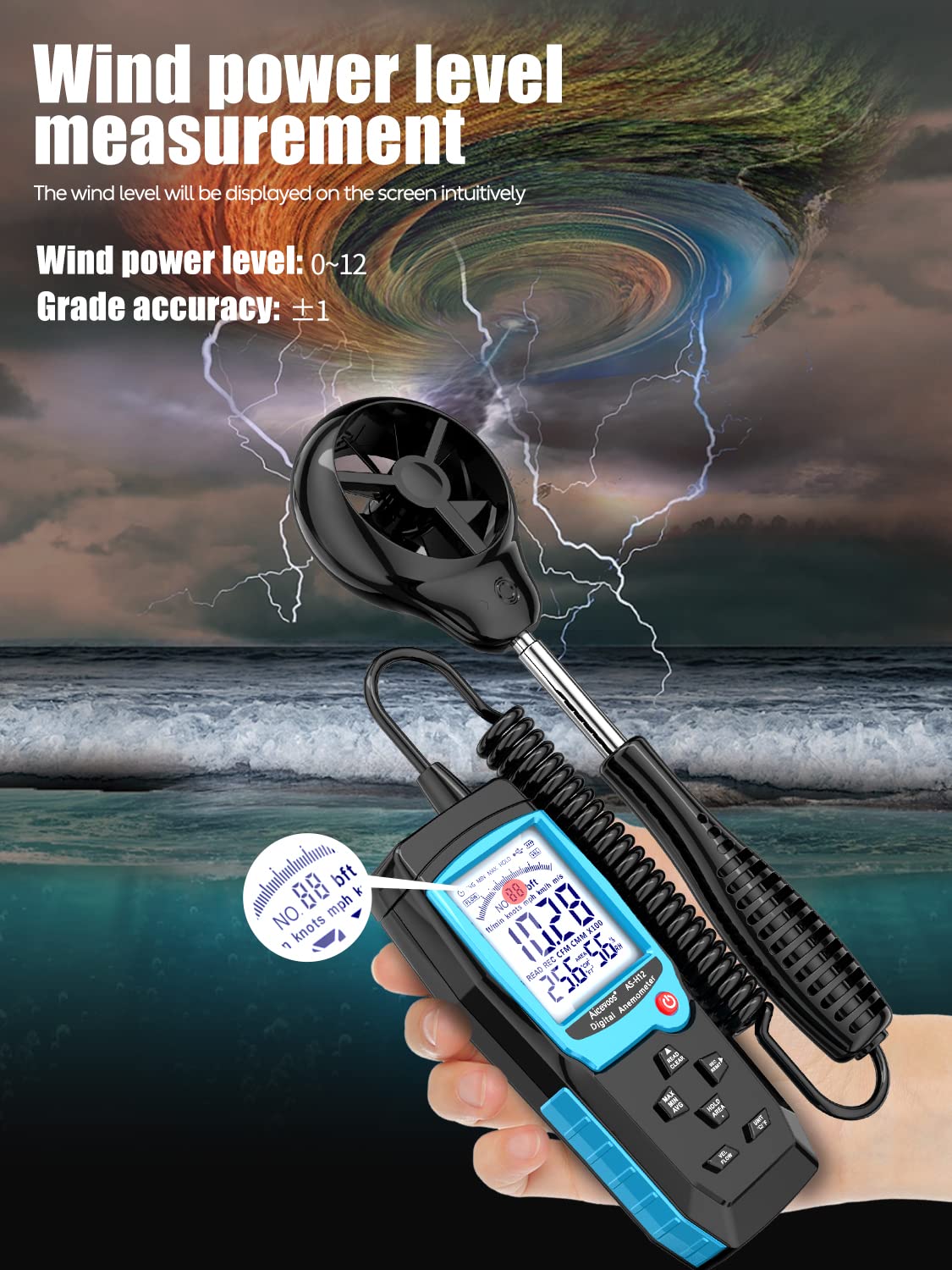 Aicevoos H12 Digital Anemometer Handheld Wind Speed Meter with Extended Wind Sensor, Measures Wind Speed Wind Flow Temperature and Humidity CFM Air
