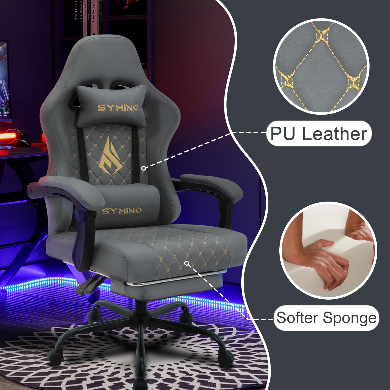 Symino Gaming Chair with Footrest, Computer Ergonomic Video Game Chair, Adjustable Swivel Task Chair with Lumbar Support, PC Chair, Office Chair PU Leather, Grey&White