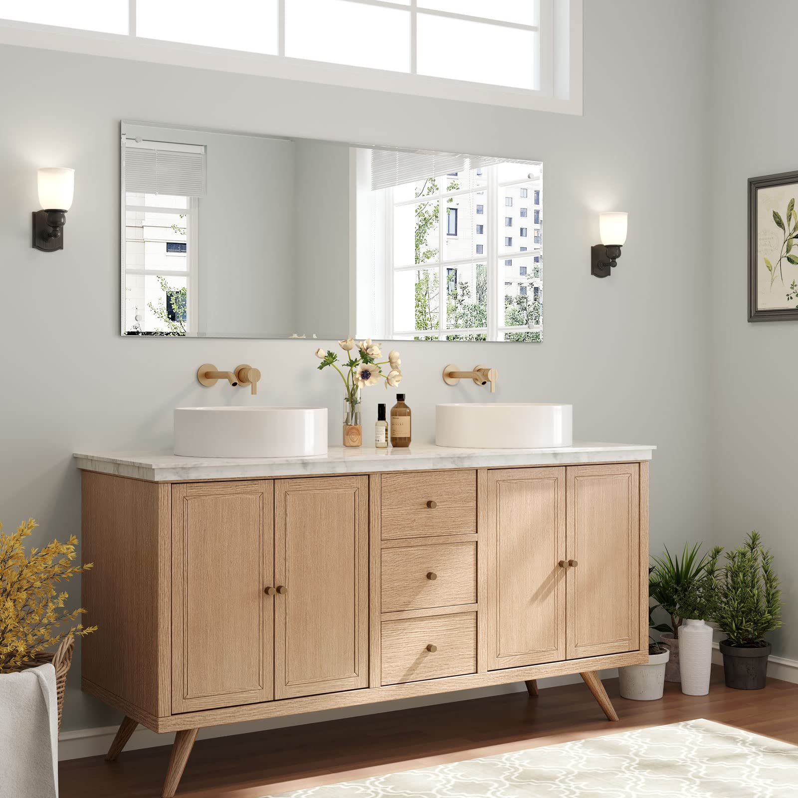 Dripex 110 x 45cm Frameless Rectangle Mirror, Wall Mounted Bathroom Mirror with Bevelled Edge & Pre-Drilled Holes, Horizontal or Vertical Hanging for