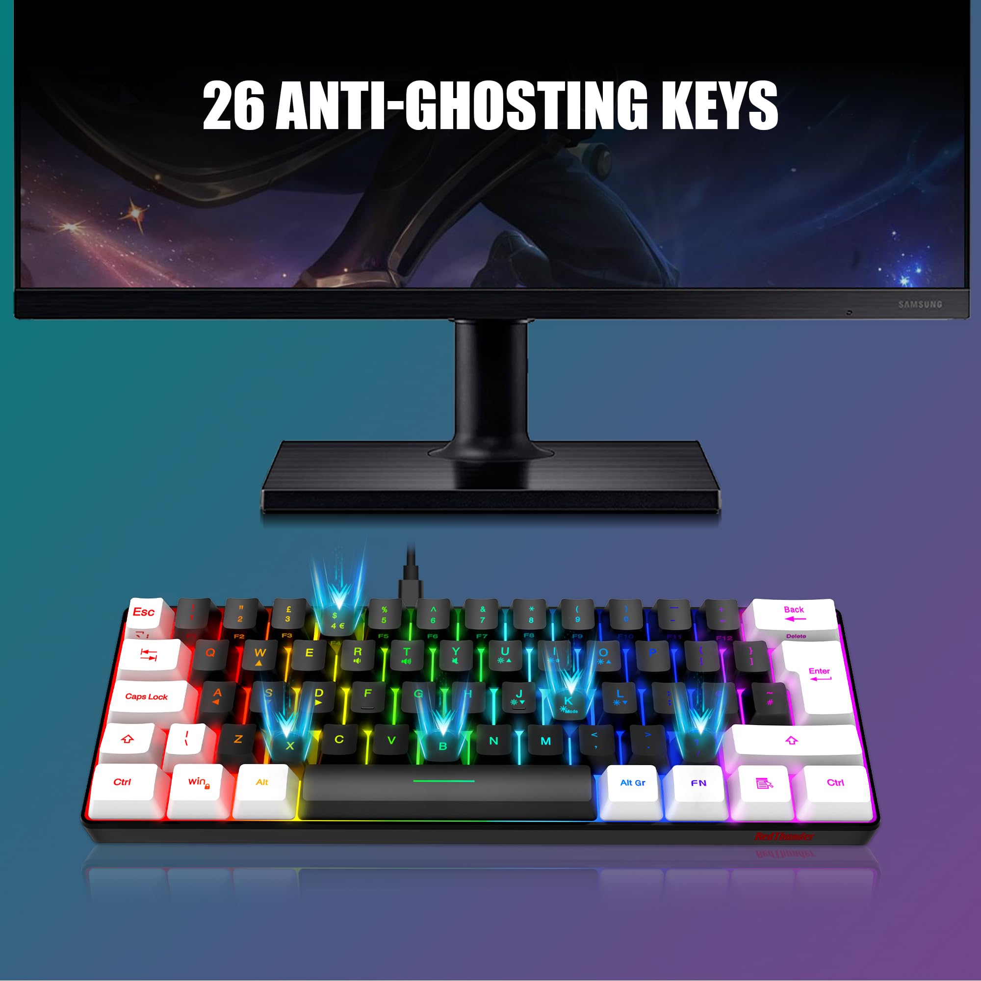 RedThunder 60% RGB Gaming Keyboard and Mouse Combo, UK Layout Ultra Compact Backlit Mini Keyboard, Lightweight 7200 DPI Cellular Optical Mouse, Portable Wired Gaming Set for PC PS5 Xbox Gamers (Black)