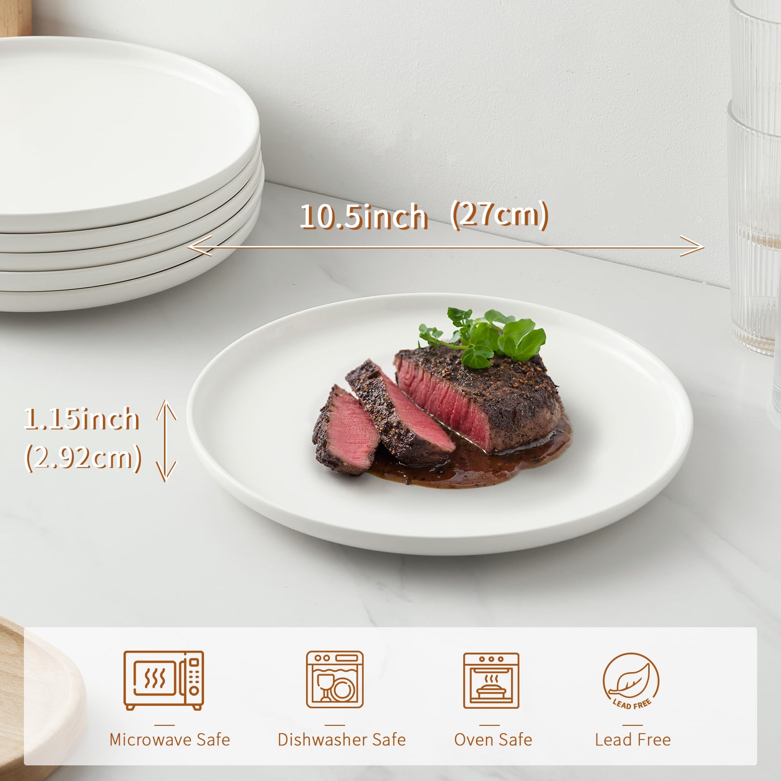 Jassceram 10.5 Inch White Dinner Plates Set of 6, 27cm Large Ceramic Round Plates with Lip for Kitchen Restaurant, Salad, Pasta - Dishwasher,