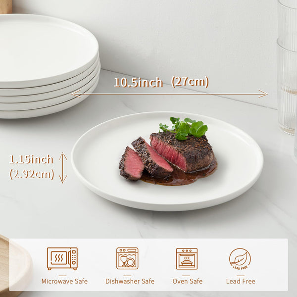 Jassceram 10.5 Inch White Dinner Plates Set of 6, 27cm Large Ceramic Round Plates with Lip for Kitchen Restaurant, Salad, Pasta - Dishwasher,
