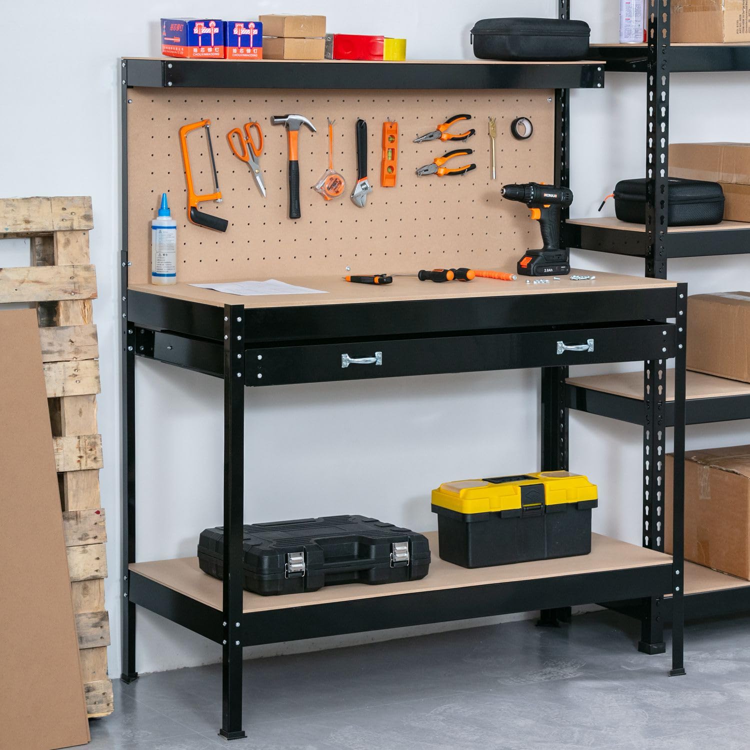 SwitZer New Red Steel Garage Tool Box Toolbox Work Bench Workbench Storage With Drawers Pegboard and 20 Pegs Shelf DIY Workshop Station