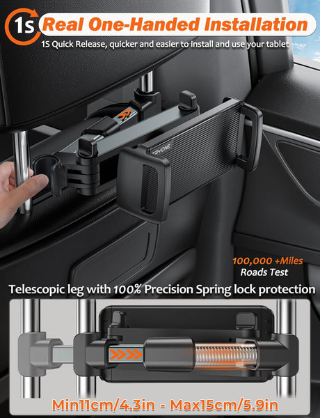 TRYONE Car Headrest Tablet Holder Mount Stretchable Backseat Tablets Stand for Kids, Car Seat Mounts Compatible with iPad Pro 12.9 Air Mini, iPhone, Galaxy Tab, Switch, All 4.7-12.9" Screen Devices