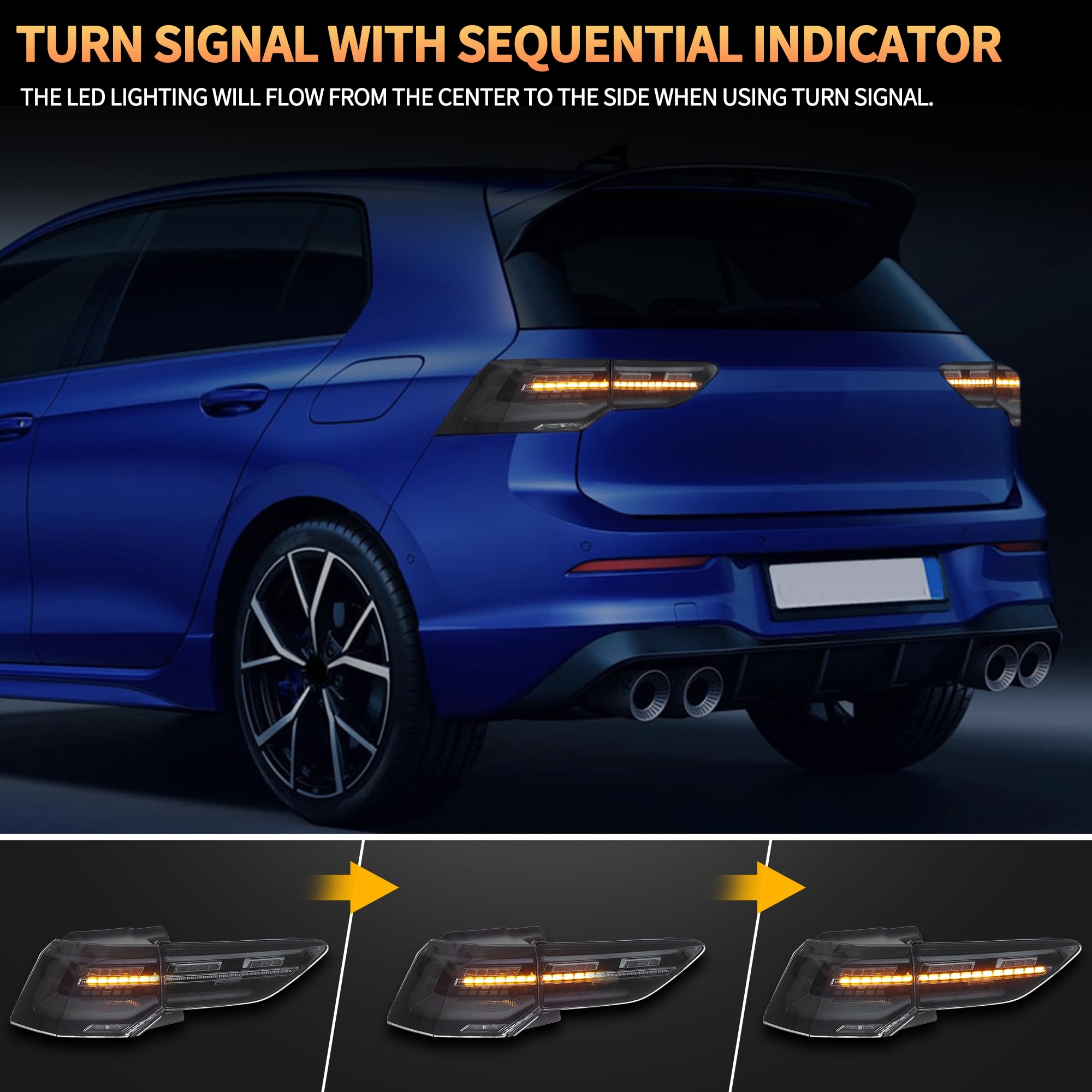 VLAND LED Rear Lights compatible with Golf MK8 Golf 8 2020-2023, w/Amber Sequential Indicator, Driver & Passenger Side - Smoked