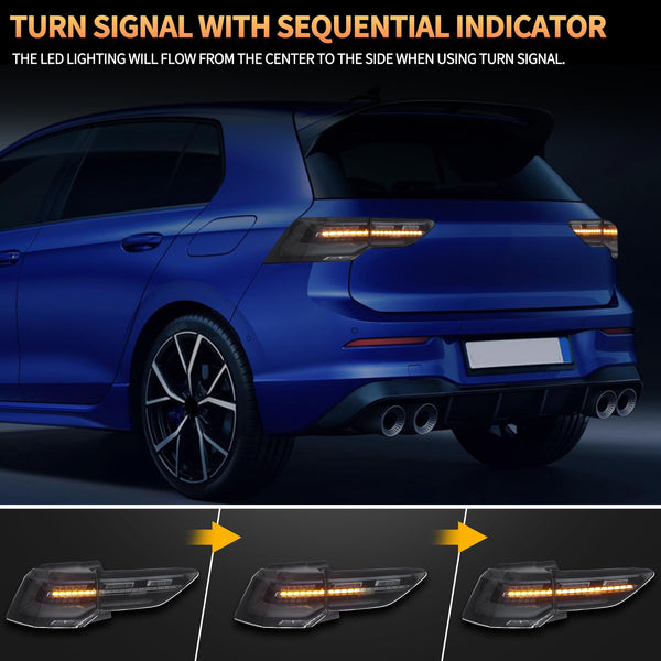 VLAND LED Rear Lights compatible with Golf MK8 Golf 8 2020-2023, w/Amber Sequential Indicator, Driver & Passenger Side - Smoked