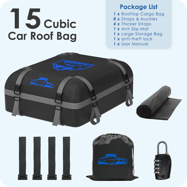 Rymopuey Roof Bag 15 Cubic/425 L, Waterproof Car Roof Bag No Rack Needed, Roof Box with Anti-Slip Mat and 6 Heavy-Duty Straps, Folding Soft Car Roof Box for Cars with/Without Rack (Blue 425 L)
