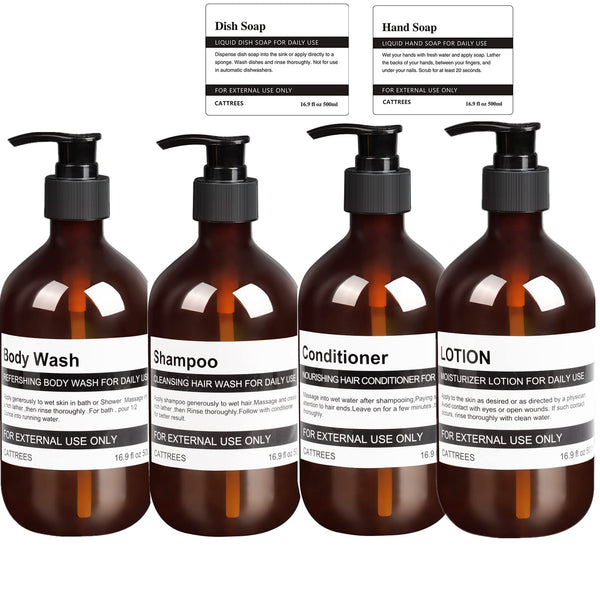 CATTREES 4 Pack Amber Soap Dispenser Bottle For Bathroom,16oz Empty Plastic Soap Dispenser Bottle with Pump& 6 Waterproof Labels For Shampoo