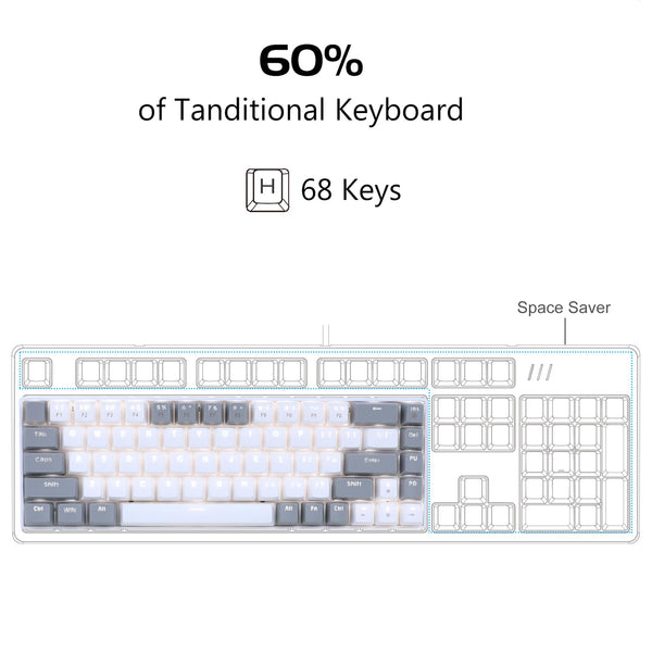 MageGee Portable 60% Gaming Mechanical Keyboard, Minimalist MK-Box Ice Blue Backlit Compact 68 Keys Wired Office Keyboard with Red Switch for Windows Laptop PC Mac Convenient(Gray & White)