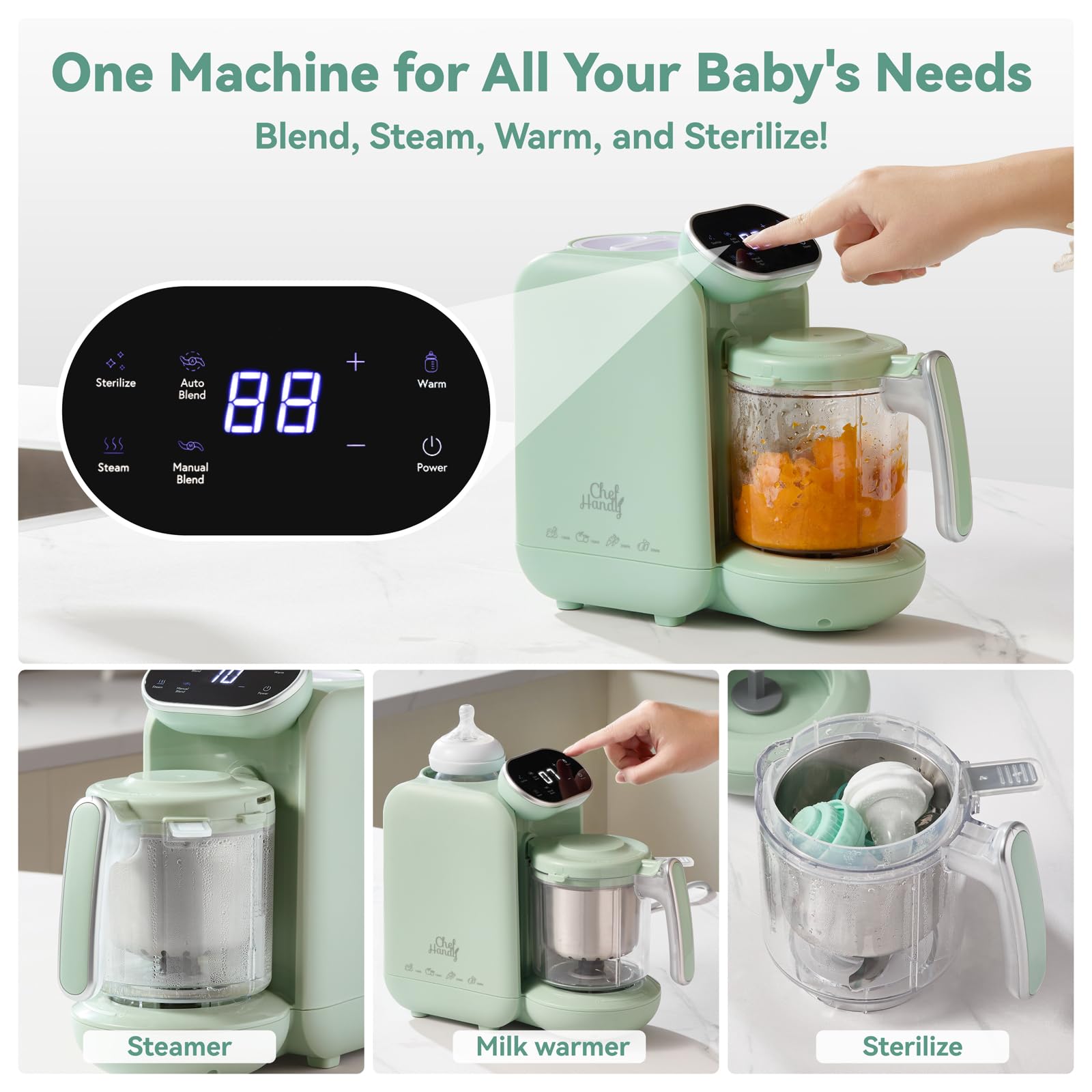 Chefhandy Baby Food Maker, 5 in 1 Baby Food Processor with Stainless Steel Steam Basket, Food Puree Maker with Steamer, Blender, Bottle Warmer Function, Auto Cooking & Grinding, Touchscreen (Green)