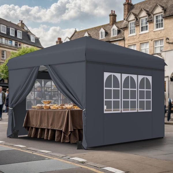 YITAHOME 3x3M Outdoor Pop Up Gazebo with Sides and Windows, Waterproof Folding Garden Canopy All Seasons Camping Gazebo Anti-UV with Adjustable Height Stakes Rope Carry & Weight Bags for Party Event