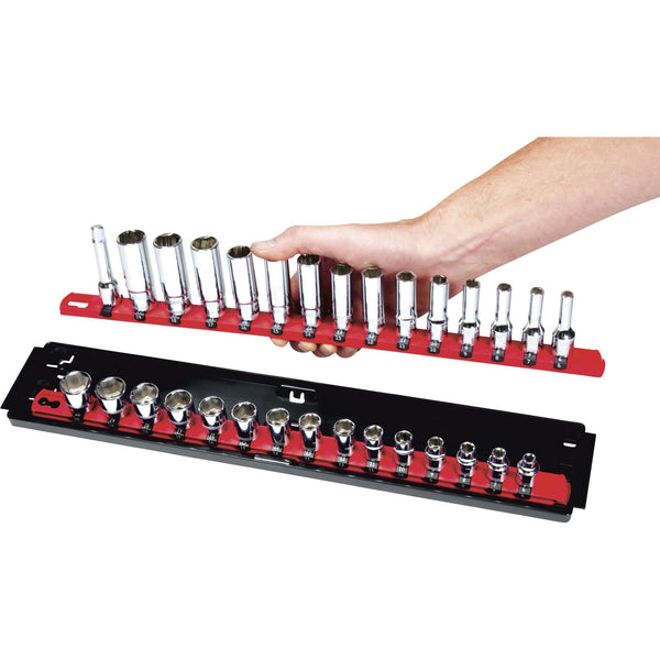 Ernst Manufacturing - 8453 Socket Boss 2-Rail 3/8-Inch-Drive Socket Organizer, 19-Inch, Red - Socket Storage Tray and Organization System for Mechanics and Automotive Service Technicians