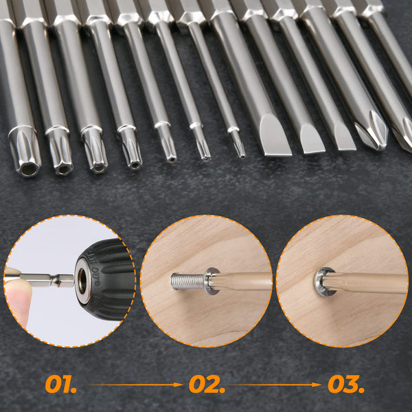 Hakkin 12PC Screwdriver Bits Set - S2 Steel, Magnetic, 3 Inch Slotted & Phillips, 1/4" Hex Shank for Power Screwdriver, Drill, Impact Driver