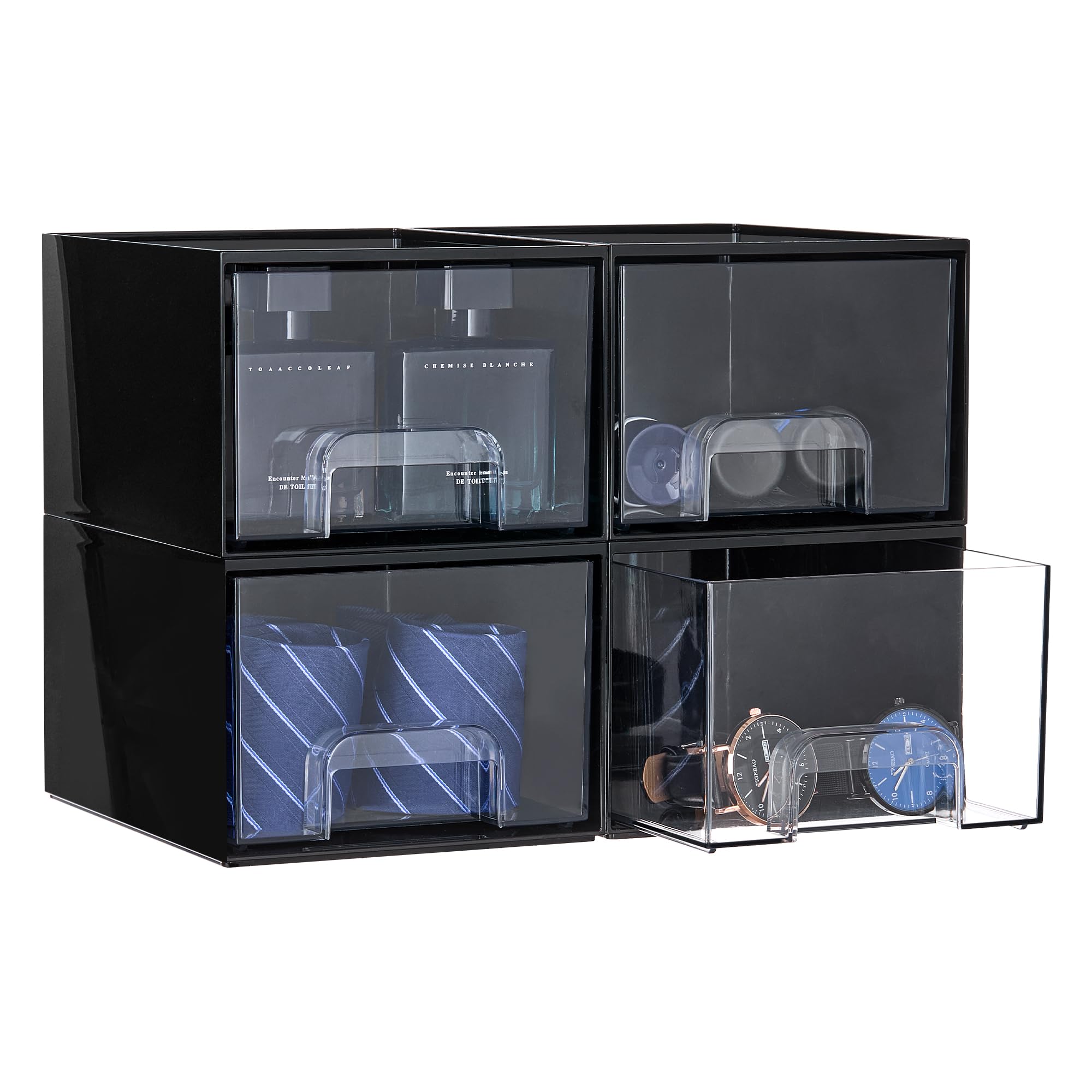 Vtopmart 4 pack Clear Stackable Storage Drawer, 4.4 Inch Tall Acrylic Bathroom Makeup Organiser, Plastic Storage box for Vanity, Under Sink, Kitchen Cupboard, Pantry, Home Organization