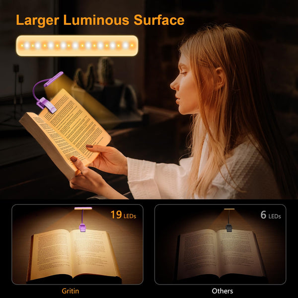 Gritin 19 LED Book Light, Reading Light Book Lamp for Reading at Night with Memory Function, 3 Eye-Protecting Modes -Stepless Dimming, Long Battery Life, 360° Flexible Lamp for Bed,Tablet