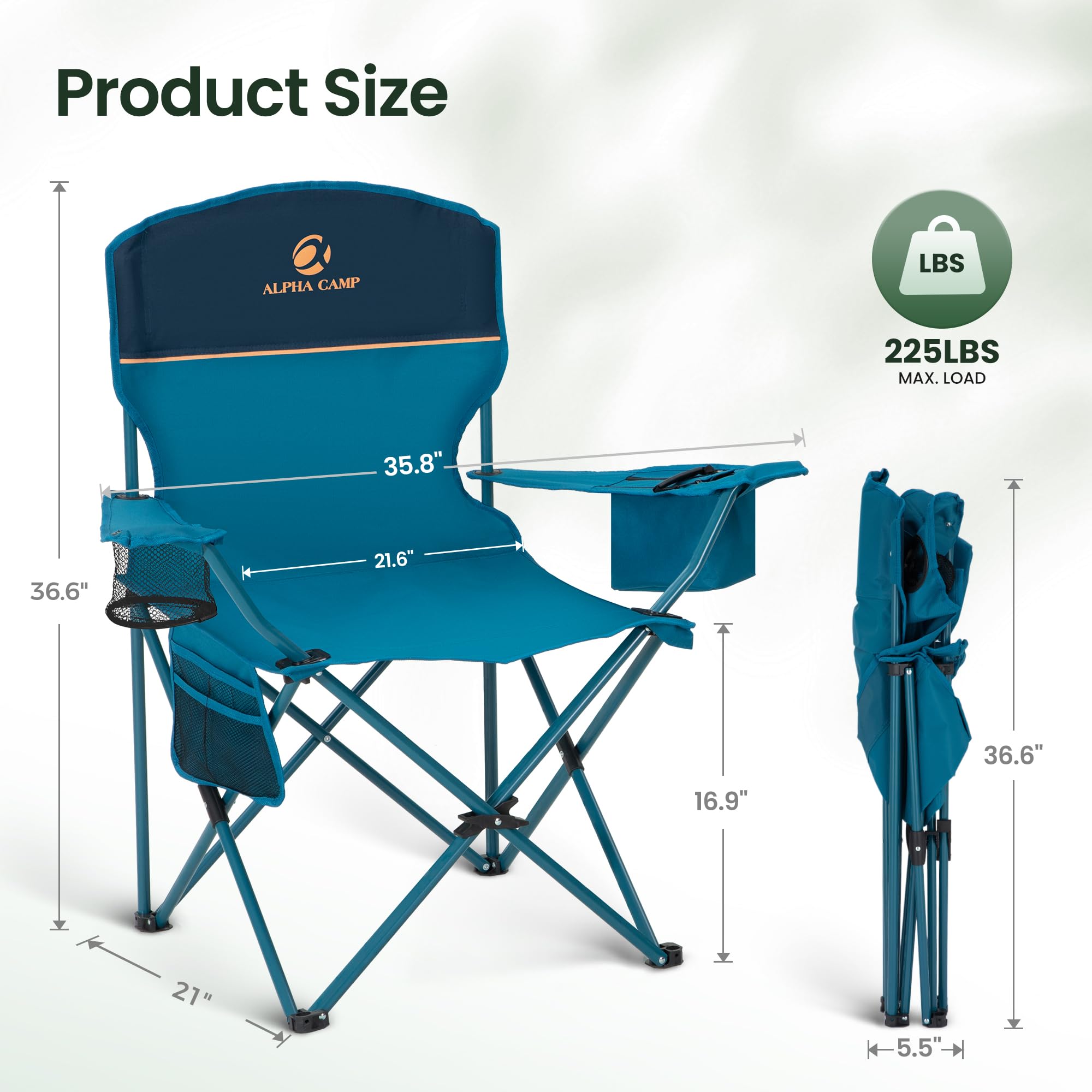 ALPHA CAMP Set of 2 Folding Camping Chairs with Cooler Bag & Cup Holder & Side Pocket Up to 120kg, Lightweight and Portable Camping Chair for Adults, Black