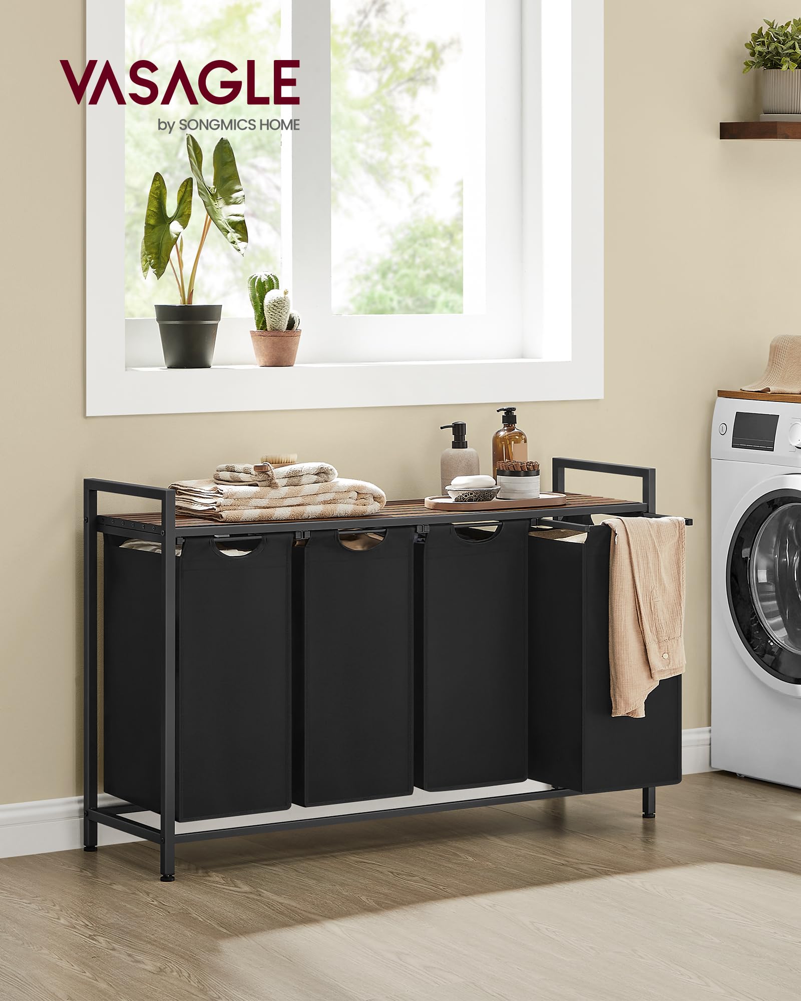 VASAGLE Laundry Basket, Laundry Hamper, Pull-Out and Removable Liner Bag, Shelf, Metal Frame, 65 L, 50 x 33 x 72 cm, Ink Black and Rustic Brown BLH101B01