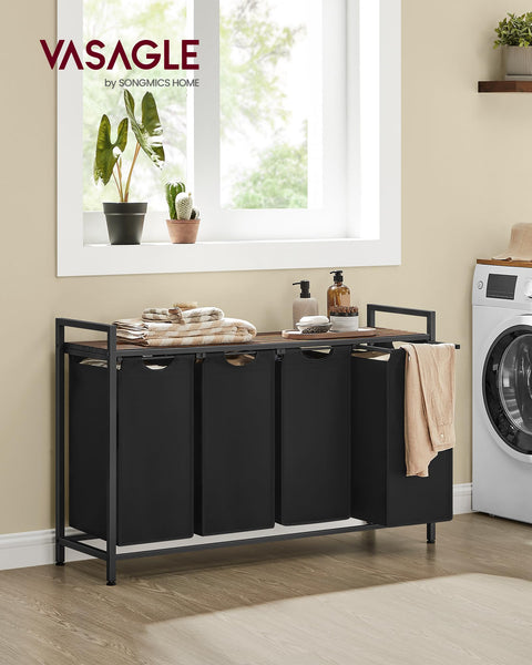 VASAGLE Laundry Basket, Laundry Hamper, Pull-Out and Removable Liner Bag, Shelf, Metal Frame, 65 L, 50 x 33 x 72 cm, Ink Black and Rustic Brown BLH101B01
