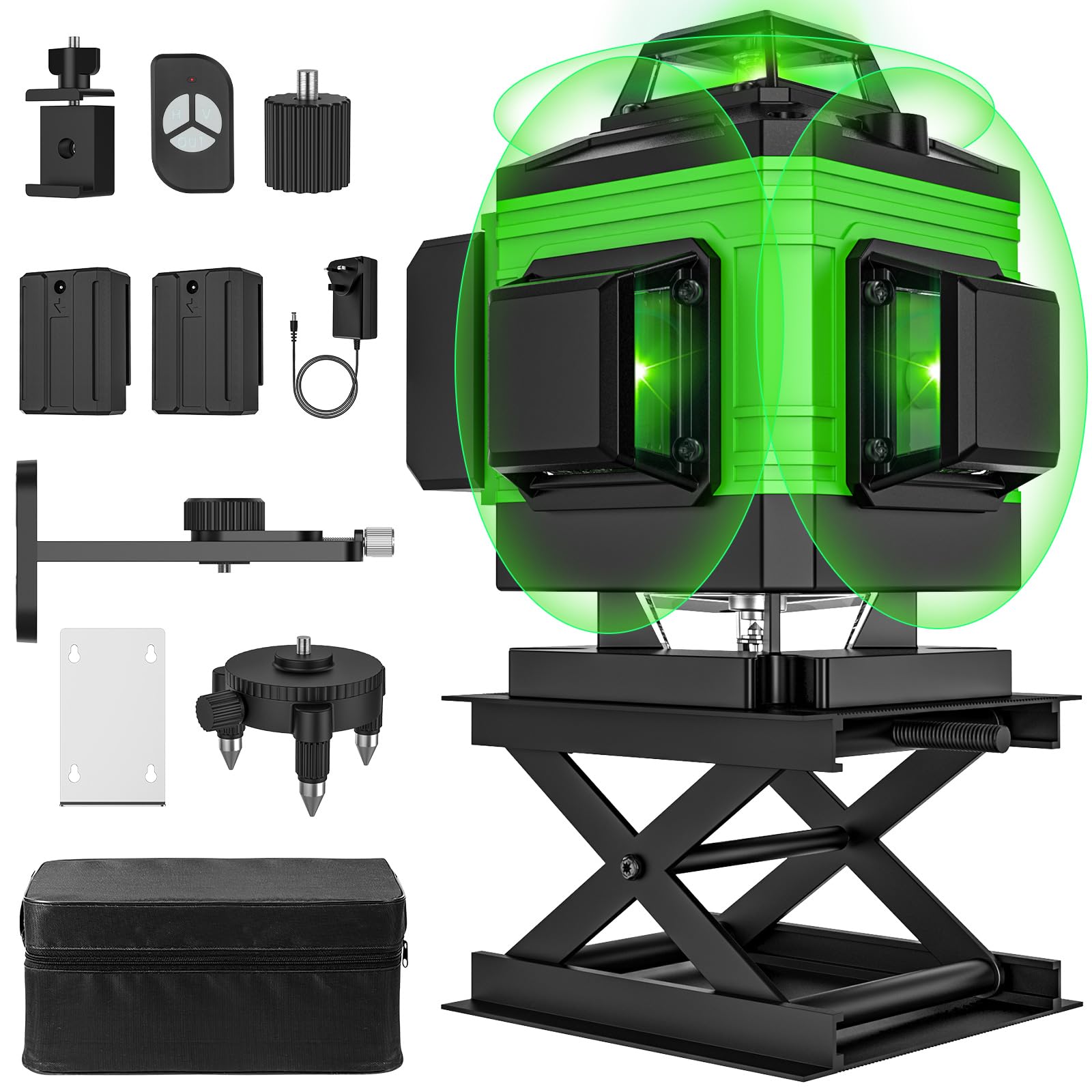 Laser Level Self Leveling 4 x 360°, 4D 16 Lines Green Professional Laser Level with 2 Batteries, Adjustable Brightness Pulse Mode, Swivel Base Remote Control Wall Bracket (with Tripod Base)