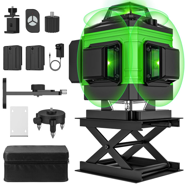 Laser Level Self Leveling 4 x 360°, 4D 16 Lines Green Professional Laser Level with 2 Batteries, Adjustable Brightness Pulse Mode, Swivel Base Remote Control Wall Bracket (with Tripod Base)