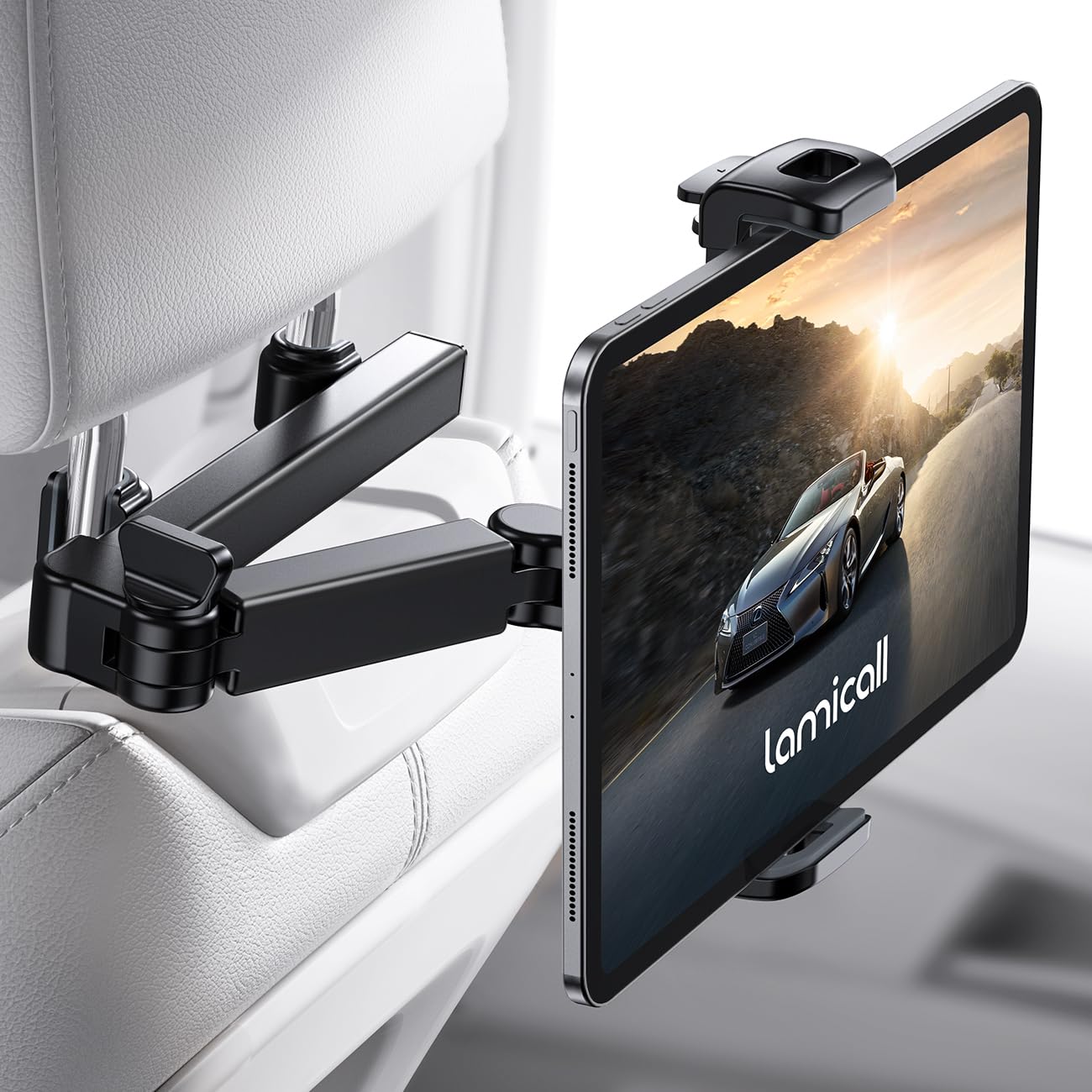 Lamicall Car Headrest Tablet Mount - [Aluminium Arm] 2025 Adjustable Car Tablet Holder, 360° Rotating Backseat Mount for Kids, for 2024 iPad Pro 13, Air 6, Mini, Tab, Phones, 4.7-13” Device - Black