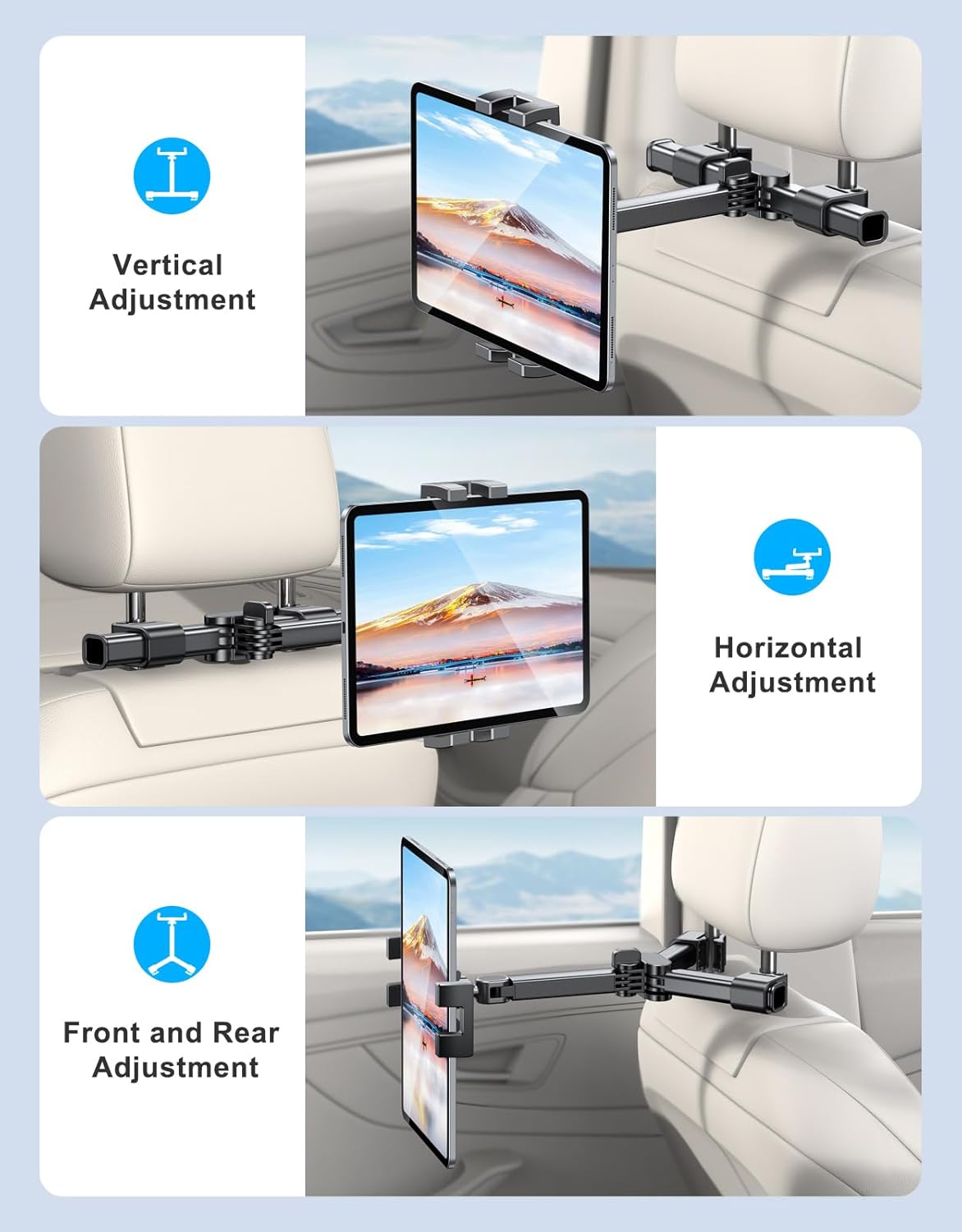 Rolgno Tablet Holder for Car, [Folding Extension Arm] Adjustable Headrest Holder Stand for Kids, Tablet Mount Back Seat Compatible with iPad Pro/Air/Mini, Galaxy Tab & 4.7-12.9" Devices