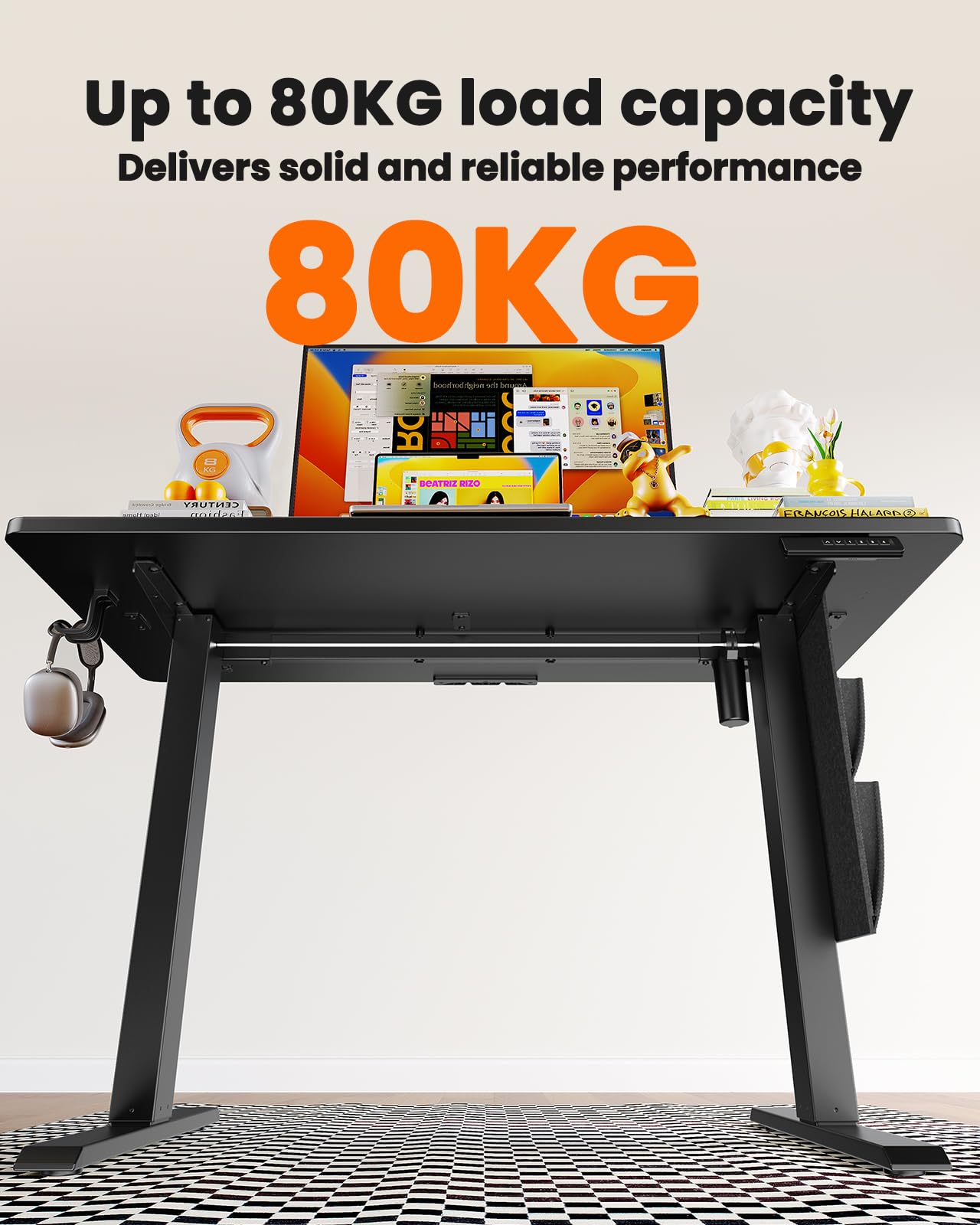 ErGear Standing Desk 100x60cm with 2-piece tabletop,Supports Up to 80KG Height Adjustable Electric Standing Desk with Storage Bag,Backpack Hook and