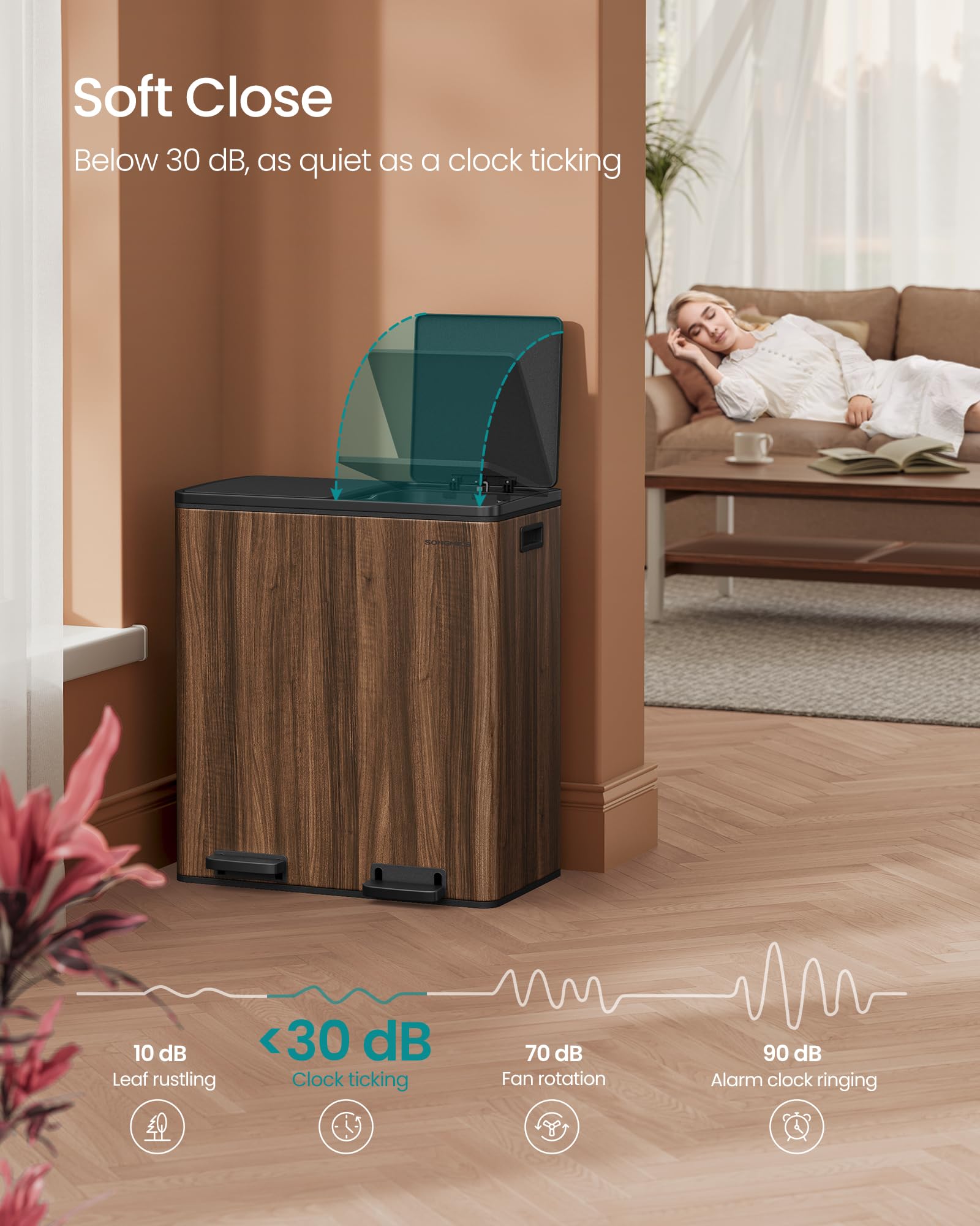 SONGMICS Dual Rubbish Bin, 2 x 30 L Recycling Bin with 15 Rubbish Bags, 2-Compartment Metal Pedal Bin with Lids and Plastic Inner Buckets, Soft Closure, Slate Grey LTB060G01