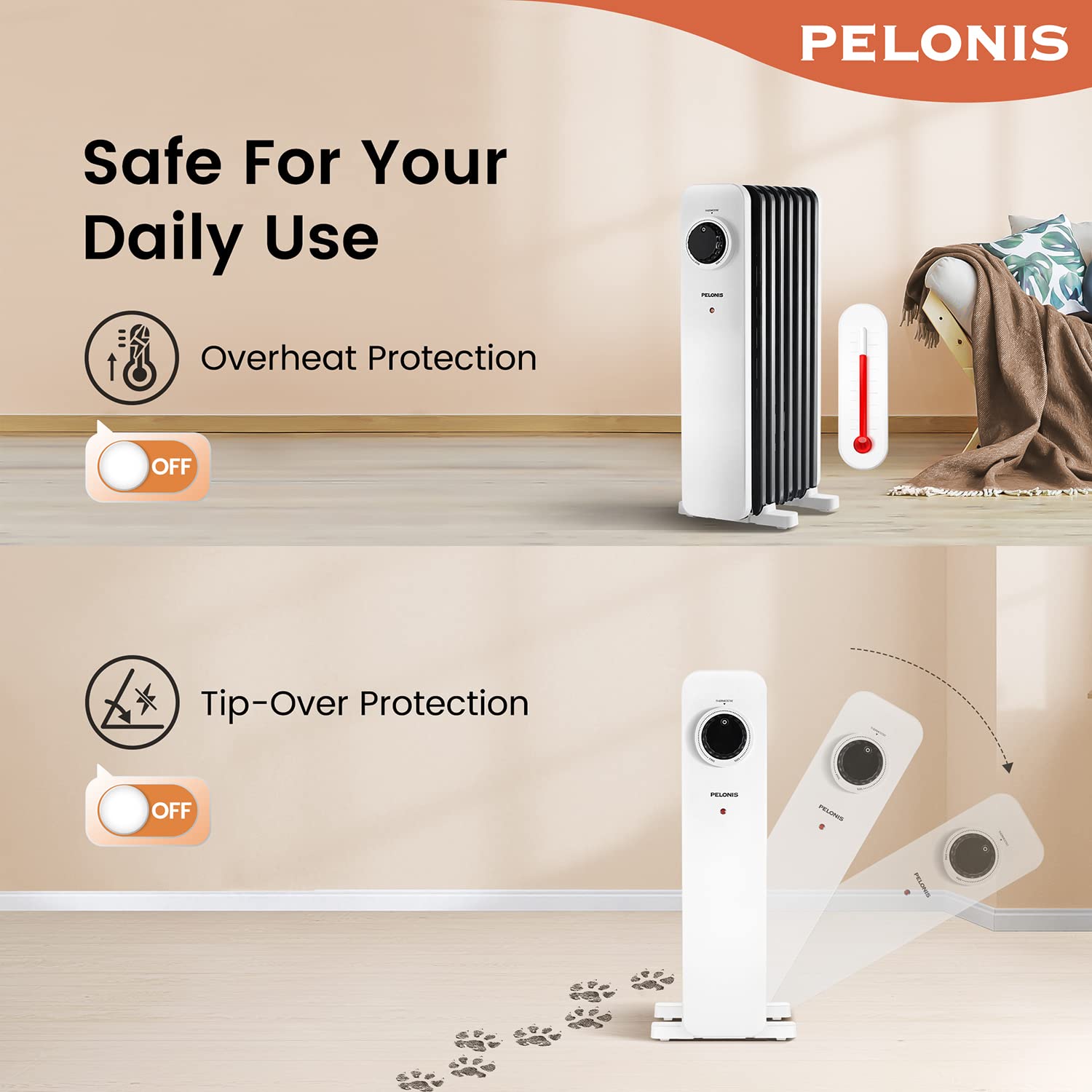 PELONIS Electric Radiator with Adjustable Thermostat and 3 Heat Settings, Oil Filled Heater with Overheat Protection (2500W, Knob Control)