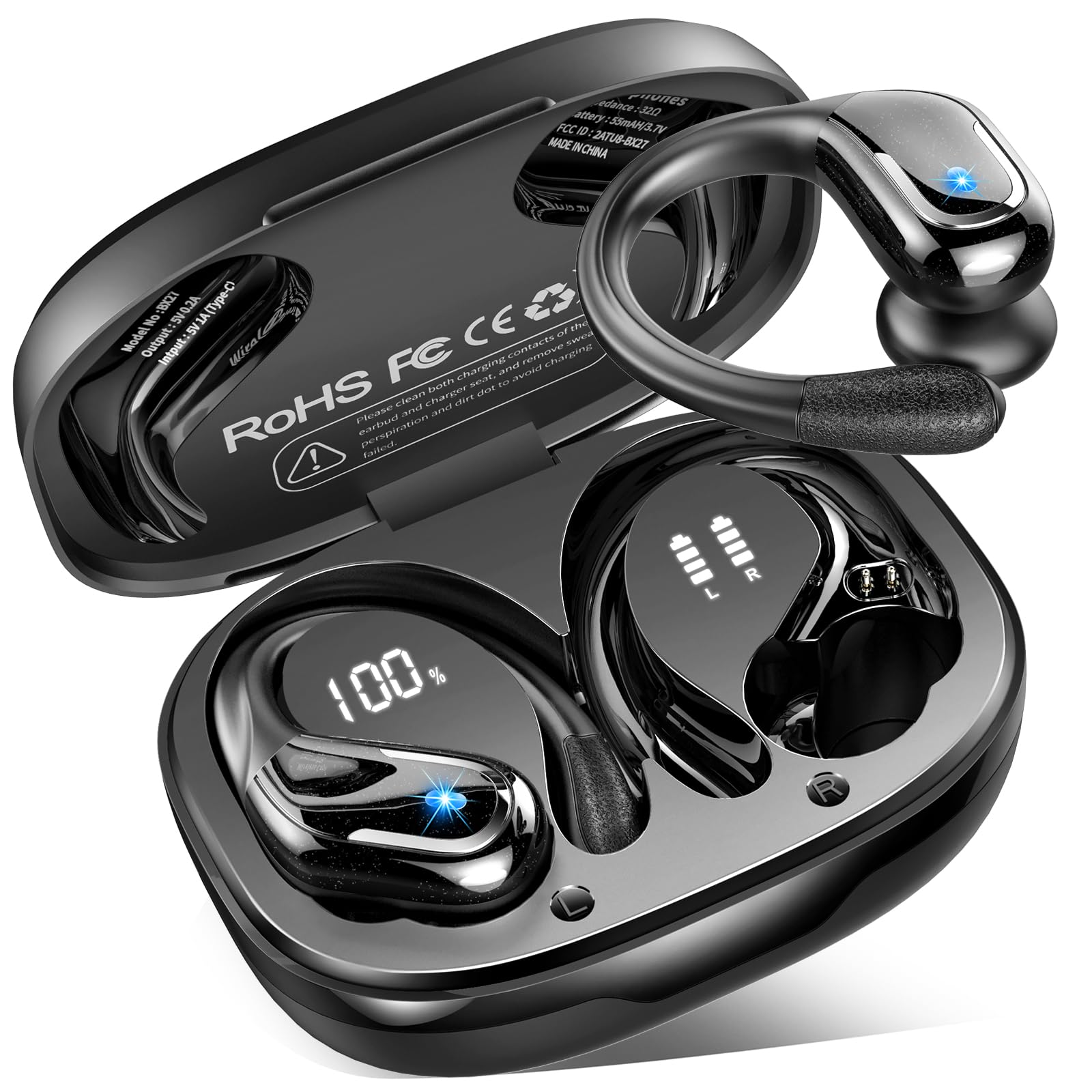 Wireless Earbuds, Bluetooth 5.4 Headphones with ENC Mic, 75H Stereo Noise Cancelling Ear Buds, Wireless Headphones with Sports Earhooks, LED Display, IP7 Waterproof Bluetooth Earphones for Running Gym