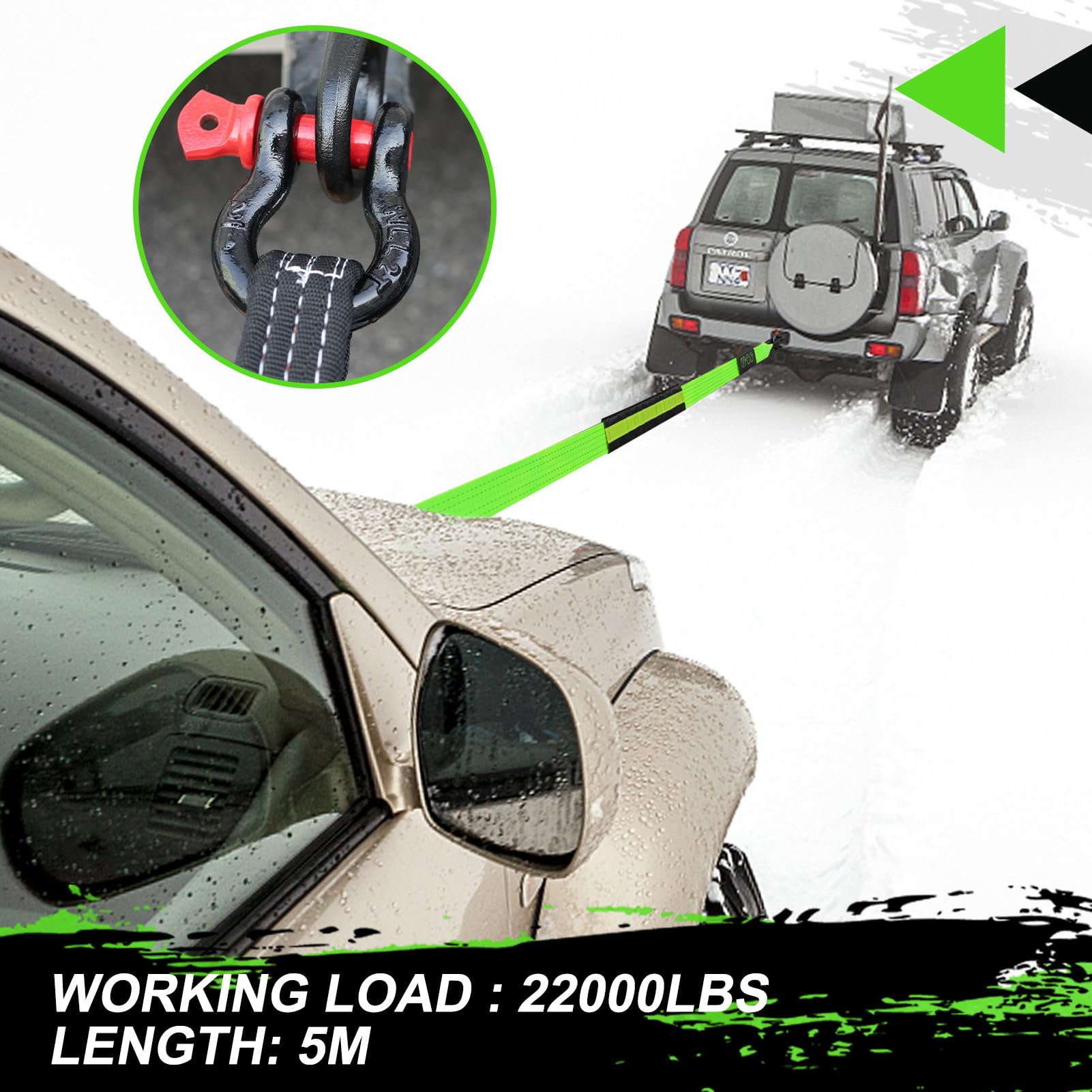 MAIKEHIGH Towing Rope 15 Ton (33,700 Lbs), 6M x 7.6cm Off-Road Recovery Tow Strap with 2 Gloves for Car, Truck, SUV, Snow (Green)