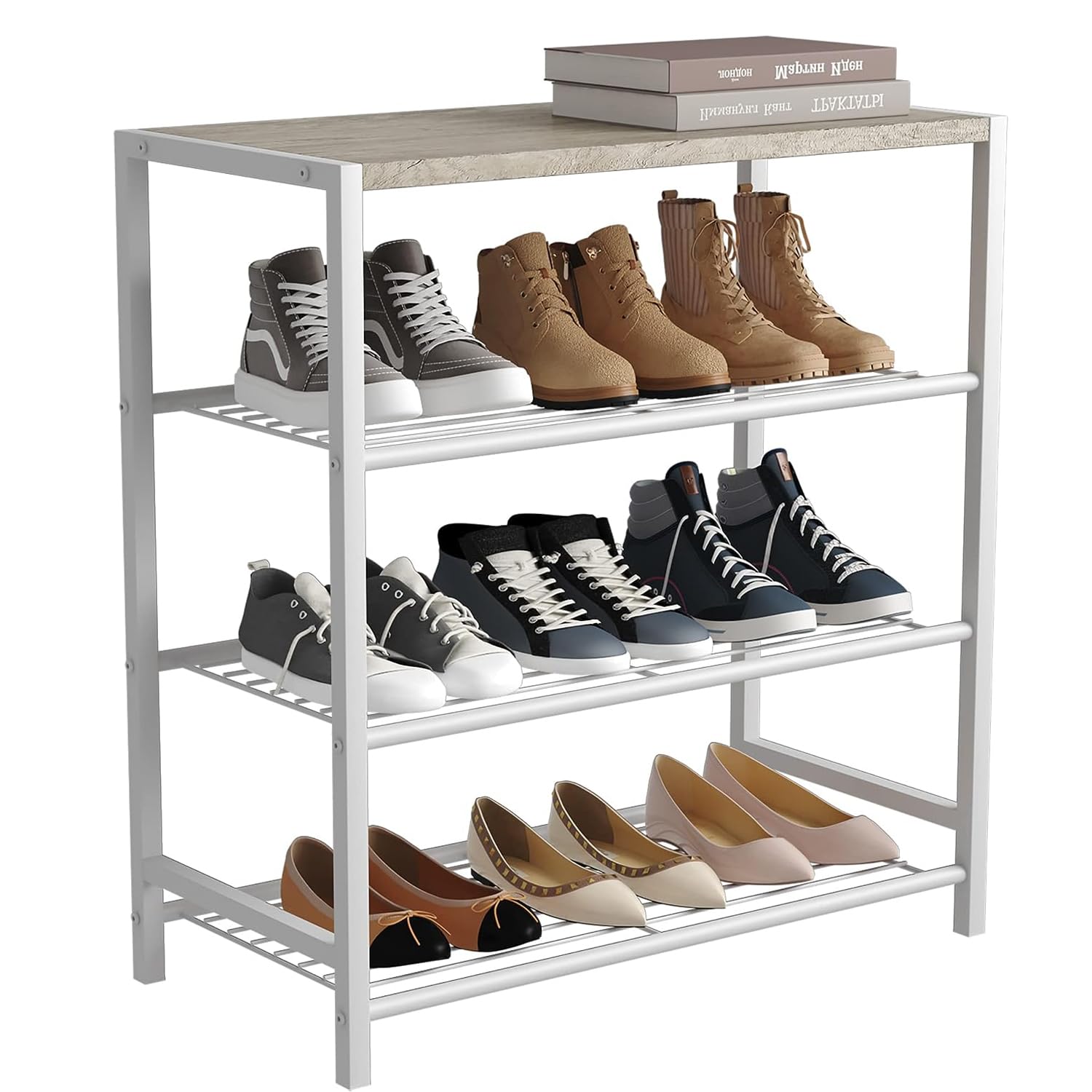 HOME BI 4-Tier Industrial Shoe Rack, Metal Shoe Storage Organizer, Durable Shoe Shelf for Closet, Hallway, Entryway, Living Room,White