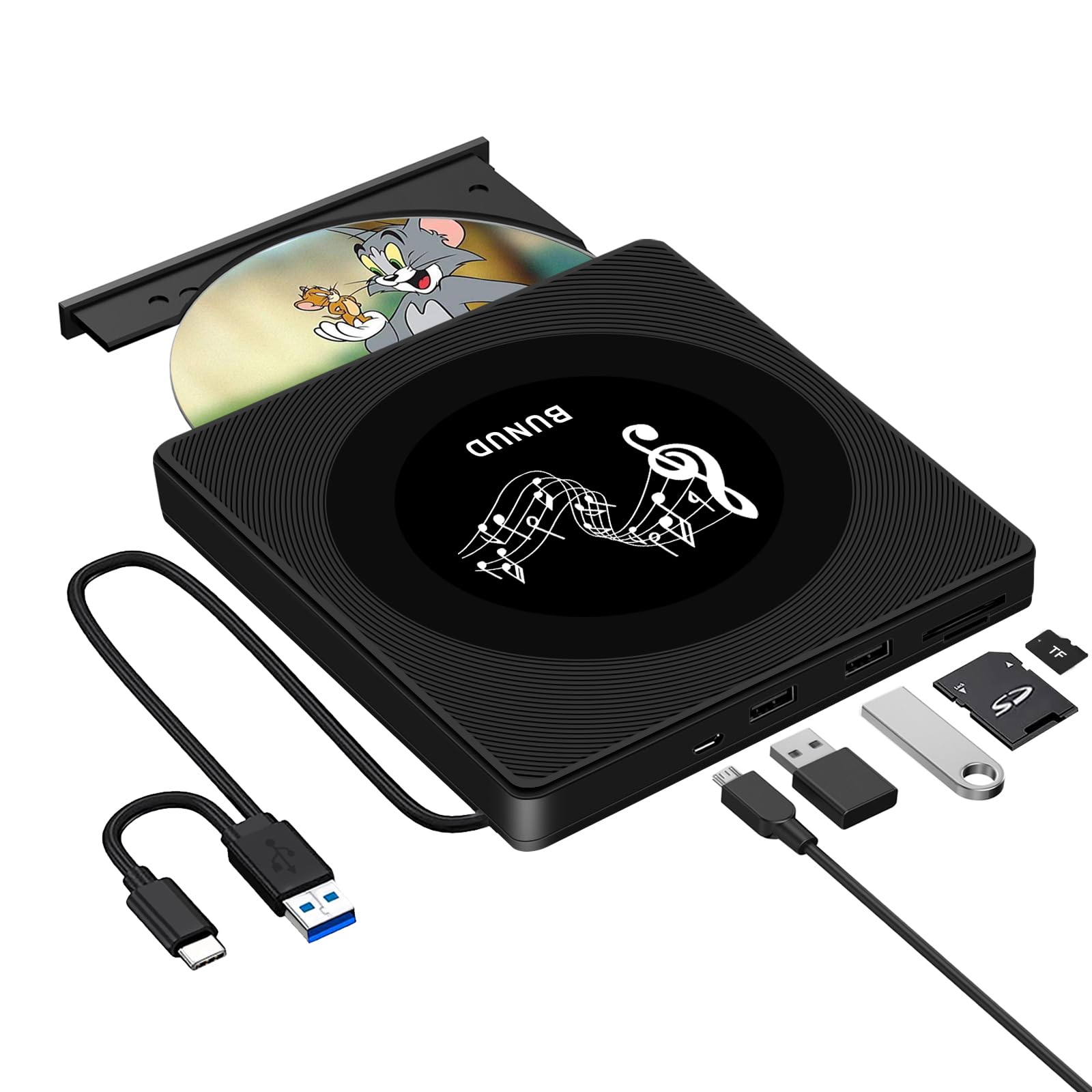 External CD DVD Drive, USB 3.0 & Type-C Portable CD/DVD +/-RW ROM Burner Rewriter with SD/TF & 2 USB Ports, Slim Optical DVD Player for Laptop Mac Macbook Pro Air PC Apple iMac Windows