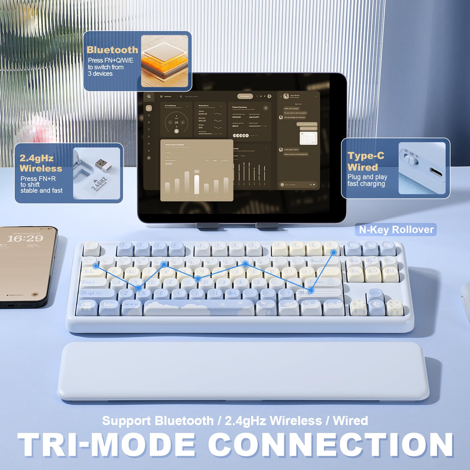 YUNZII B87 Wireless Mechanical Keyboard,QMK/VIA Software Custom Gaming,Gasket RGB Keyboard with Cute MOA Keycaps,Wrist Rest,BT5.0/2.4G/USB-C NKRO for Win/Mac (butter, milk v2 linear)