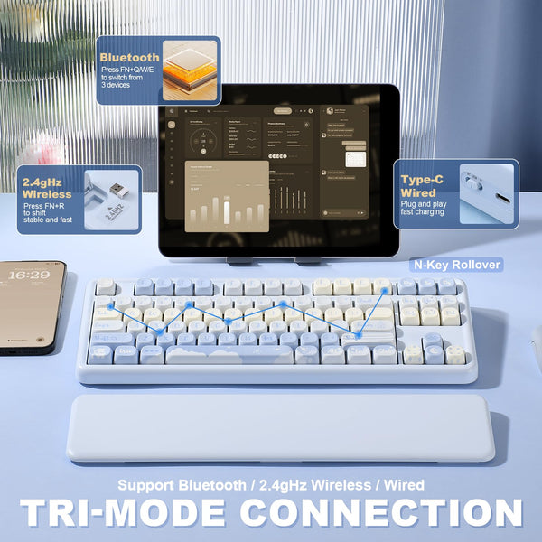YUNZII B87 Wireless Mechanical Keyboard,QMK/VIA Software Custom Gaming,Gasket RGB Keyboard with Cute MOA Keycaps,Wrist Rest,BT5.0/2.4G/USB-C NKRO for Win/Mac (butter, milk v2 linear)