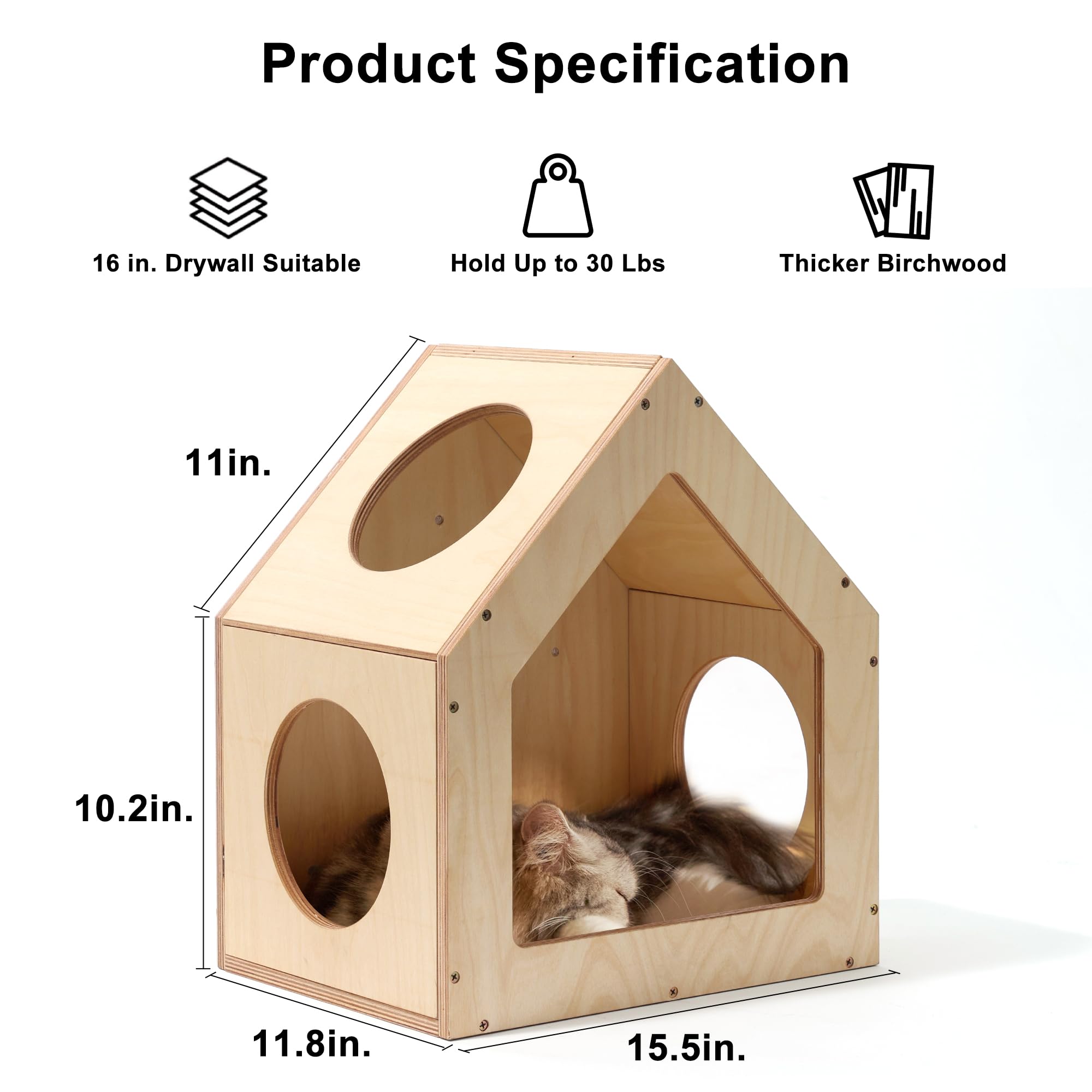FUKUMARU Cat House Wall Mounted, 15.5x11.8x18 Inches Birch Plywood Condo, Multi-Use Kitten Furniture, Stylish Design, DIY Cats Wall Jungle