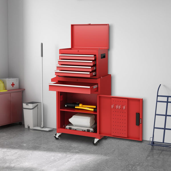 COSTWAY Large Rolling Tool Cabinet, 2-in-1 Detachable Metal Tool Chest with Drawers, Wheel, Handle, Hooks & Pegboard, Lockable Tool Box Trolley for Garage Workshop (with Middle Compartment, Black)