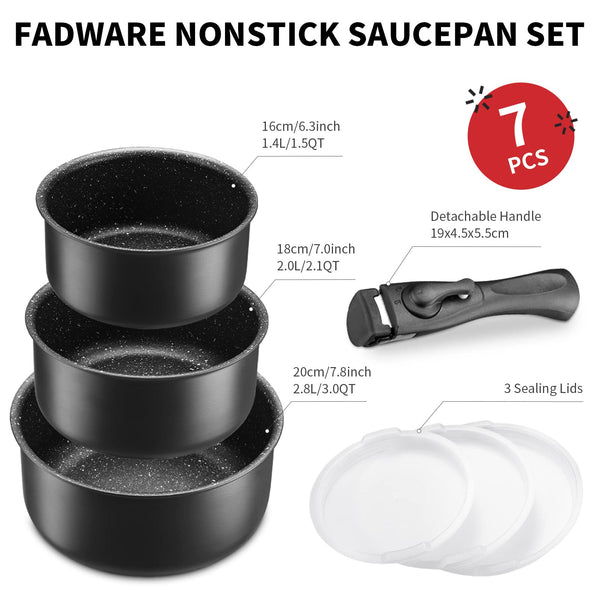 Fadware Non Stick Saucepan Set with Removable Handle and Sealing Lids, Non Stick Pot Set for Induction Hobs, 4 Pieces Saucepan for All Hobs, Stackable