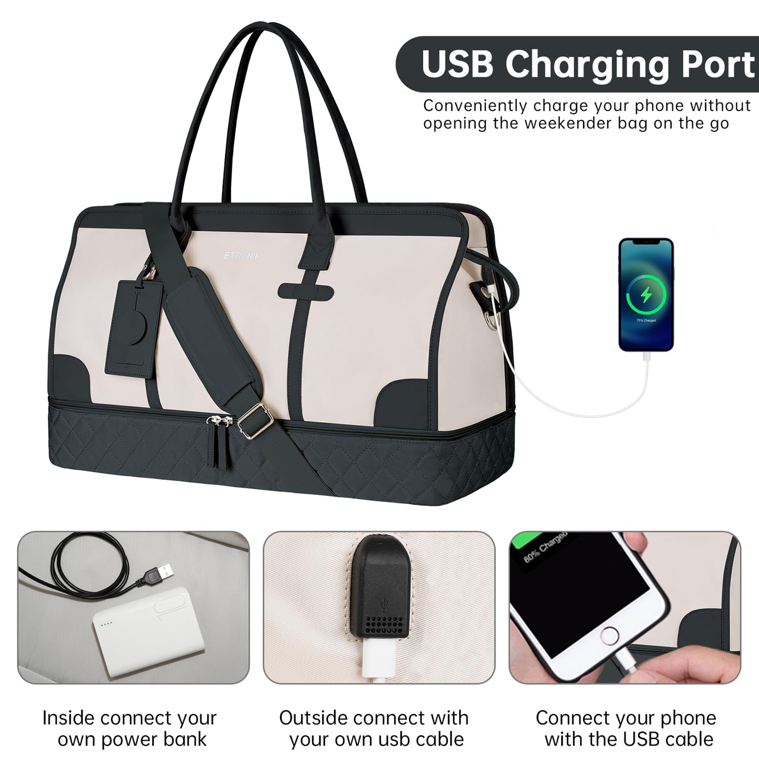 ETRONIK Weekend Overnight Bag for Women, Large Travel Duffle Bag with Shoe Compartment & Wet Pocket, Carry On Tote Bags Gym Duffel Bag with Toiletry Bags for Hospital 3 Pcs Set, Black