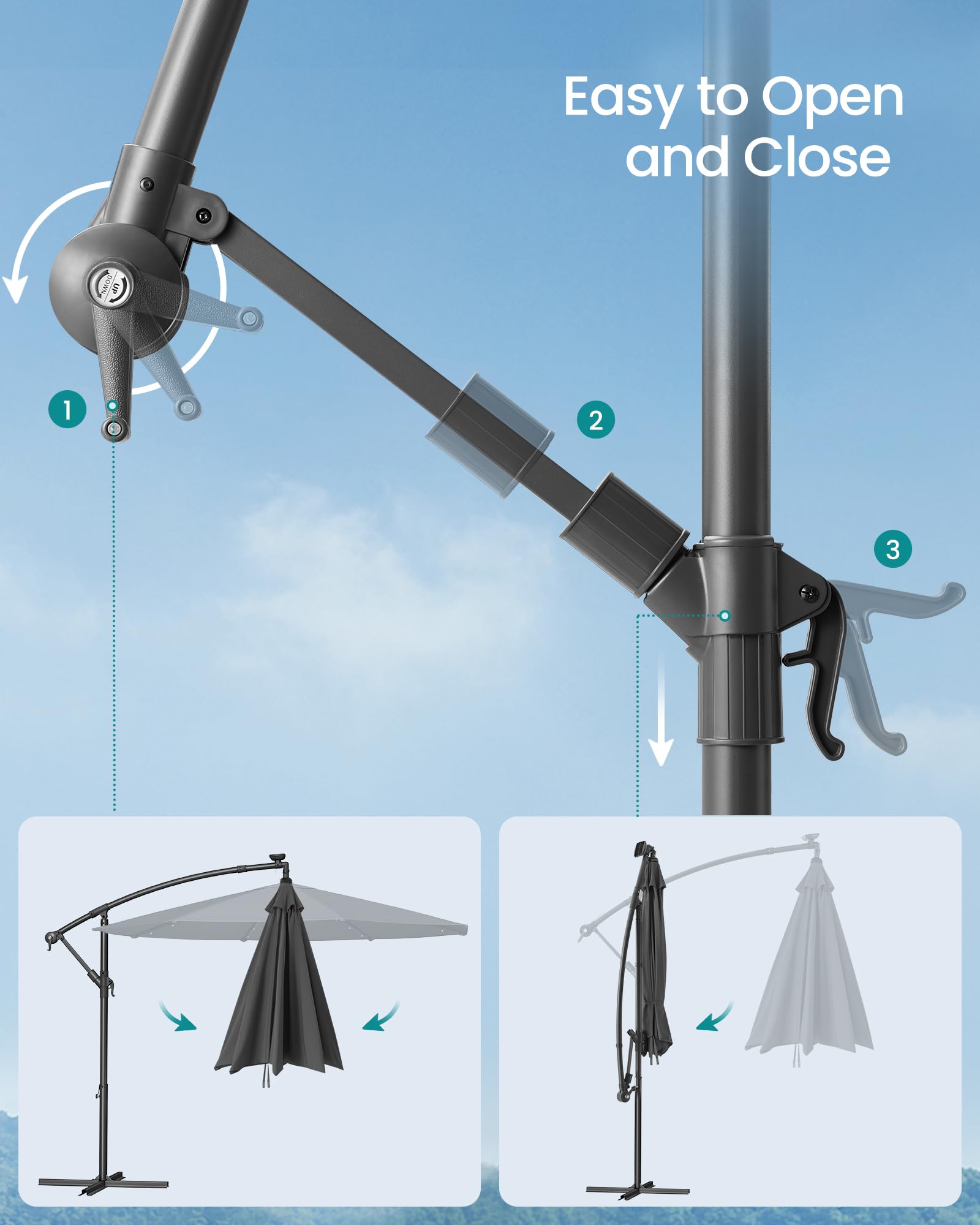SONGMICS Cantilever Garden Parasol with Solar-Powered LED Lights, 3 m Banana Patio Umbrella with Base, Crank for Opening Closing, Sunshade with Protection UPF 50+, Beige GPU118M01
