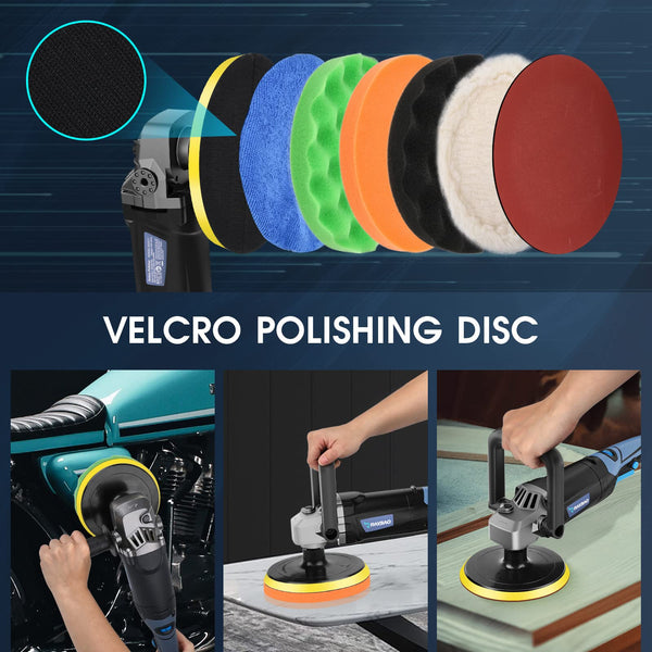RAYBAO Car Polisher, 1200W Car Polishers and Buffers, Variable Speed 1600-3500RPM, Car Buffer Polisher Machine with Detachable Handle, 180mm/150mm Disc for Polishing/Waxing