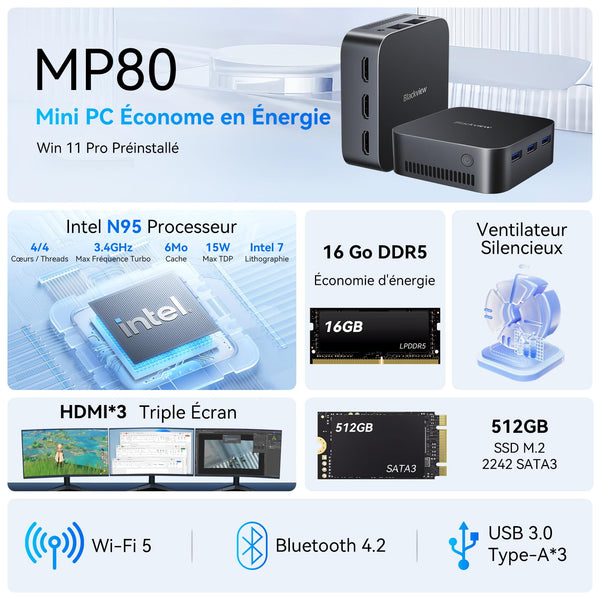 Blackview MP100 Aesthetic Mini PC Win 11 Pro, Ultra-Fluid 144Hz, AMD Ryzen 7430U, 16GB RAM 512GB SSD Mini Desktop Computer, Smart RGB, 3-Year Guarantee, WiFi 6/BT 5.2, Triple 4K Display for Home