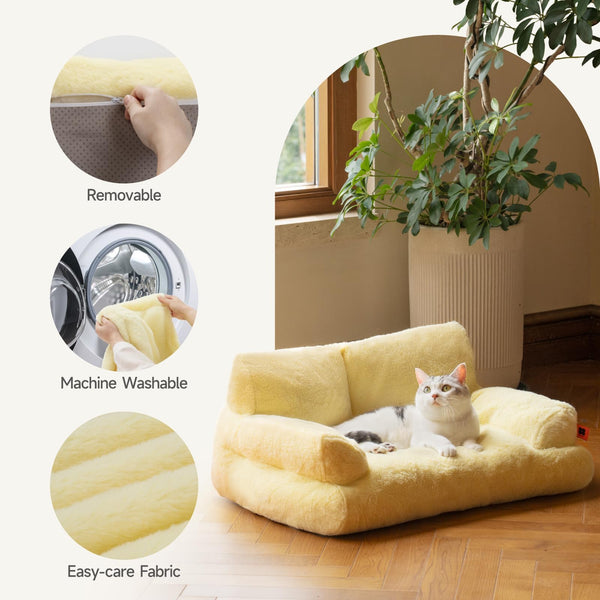 MEWOOFUN Cat Bed Fluffy and Soft Cat Sofa Dog Sofa, Small Dog Bed for Large Cats and Kittens - 66x48cm Cute Cat Bed Couch with Non-slip Bottom, Yellow